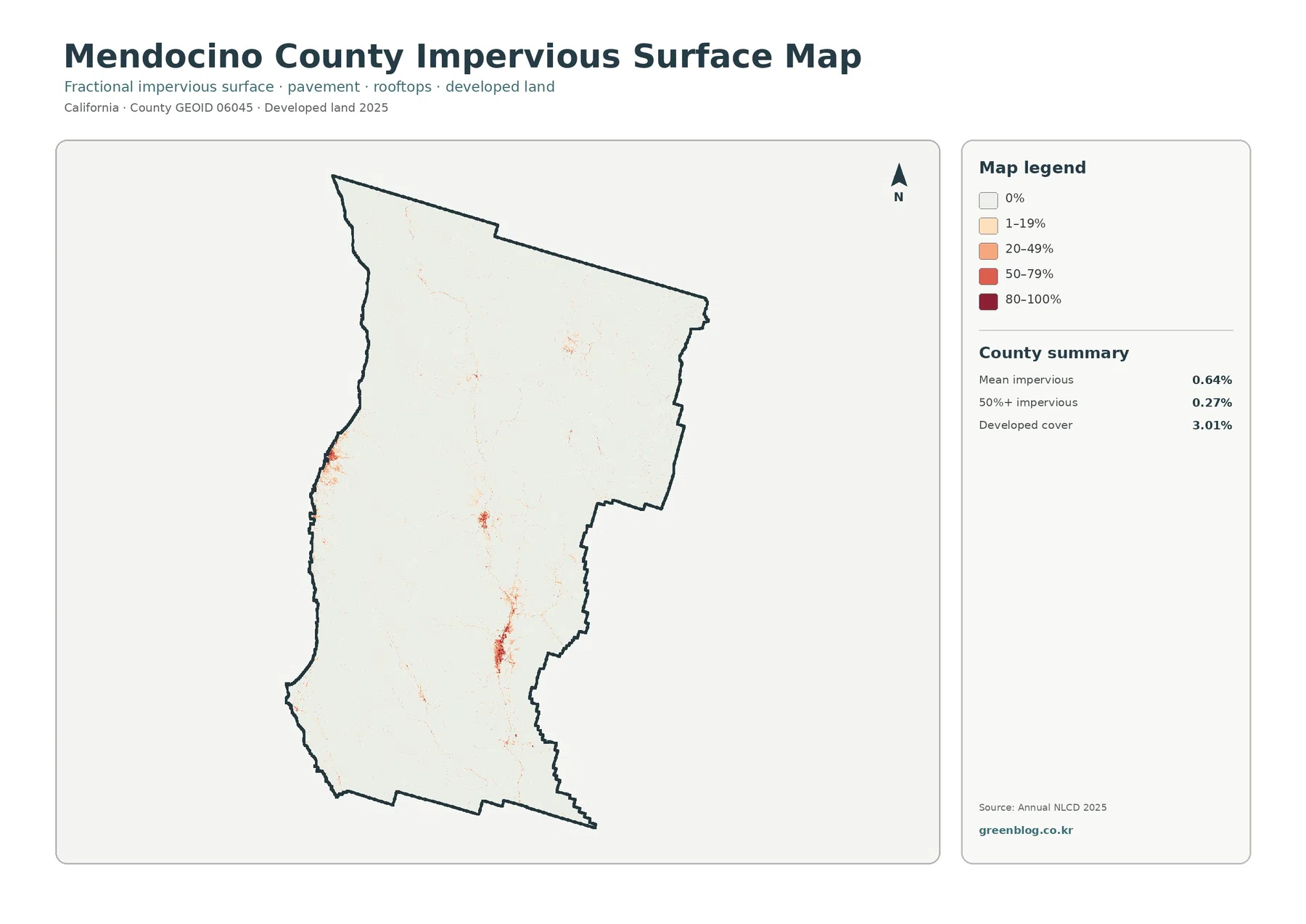 Mendocino County 불투수·개발지 지도
