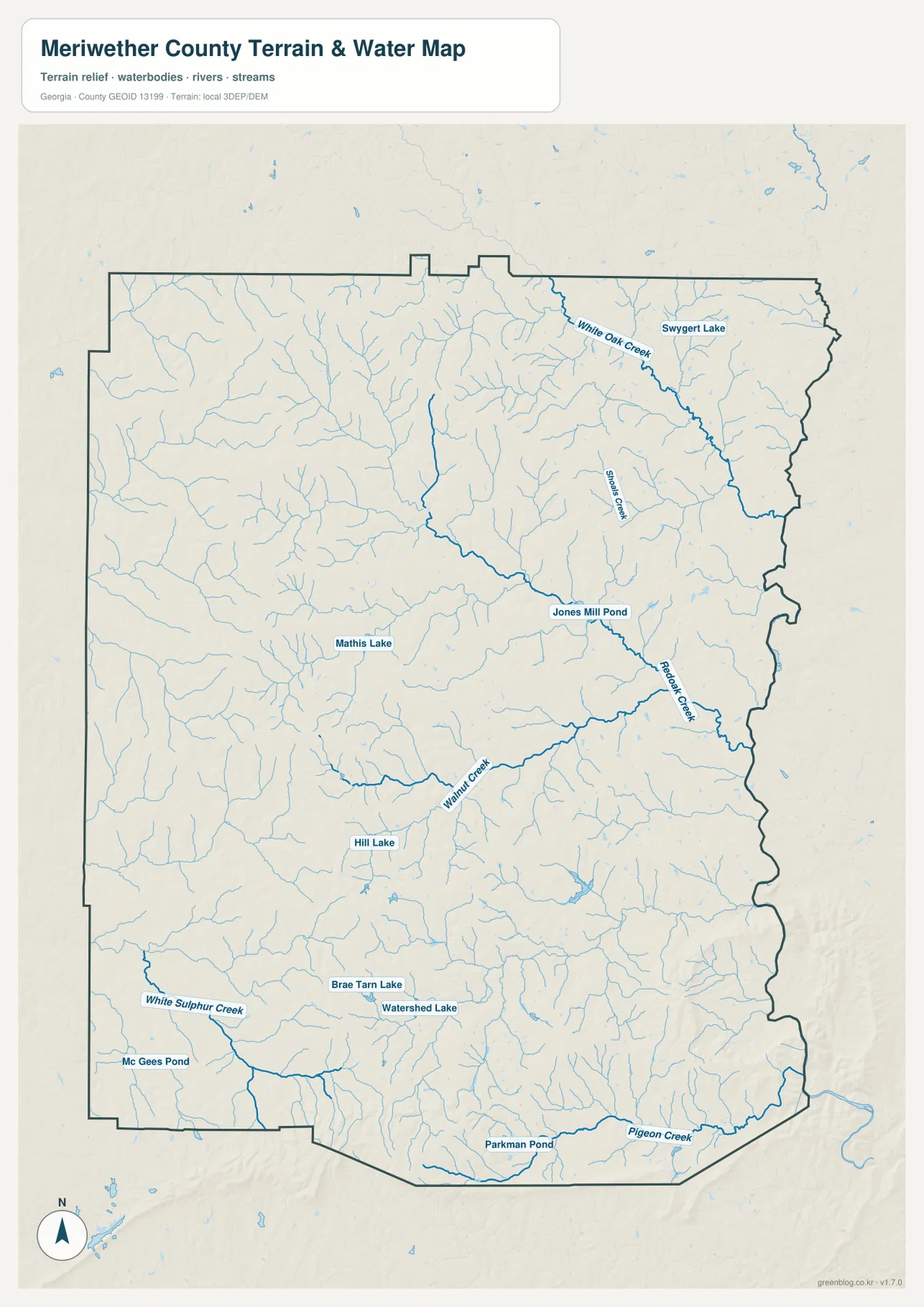 메리웨더 카운티 수역 지도에 표시된 White Oak Creek, Walnut Creek, Pigeon Creek와 여러 호수·연못
