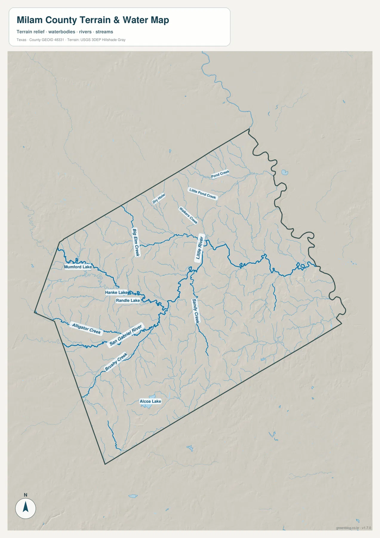 Little River, San Gabriel River, Brushy Creek, Big Elm Creek, Sandy Creek와 여러 호수가 표시된 밀람 카운티 수역 지도