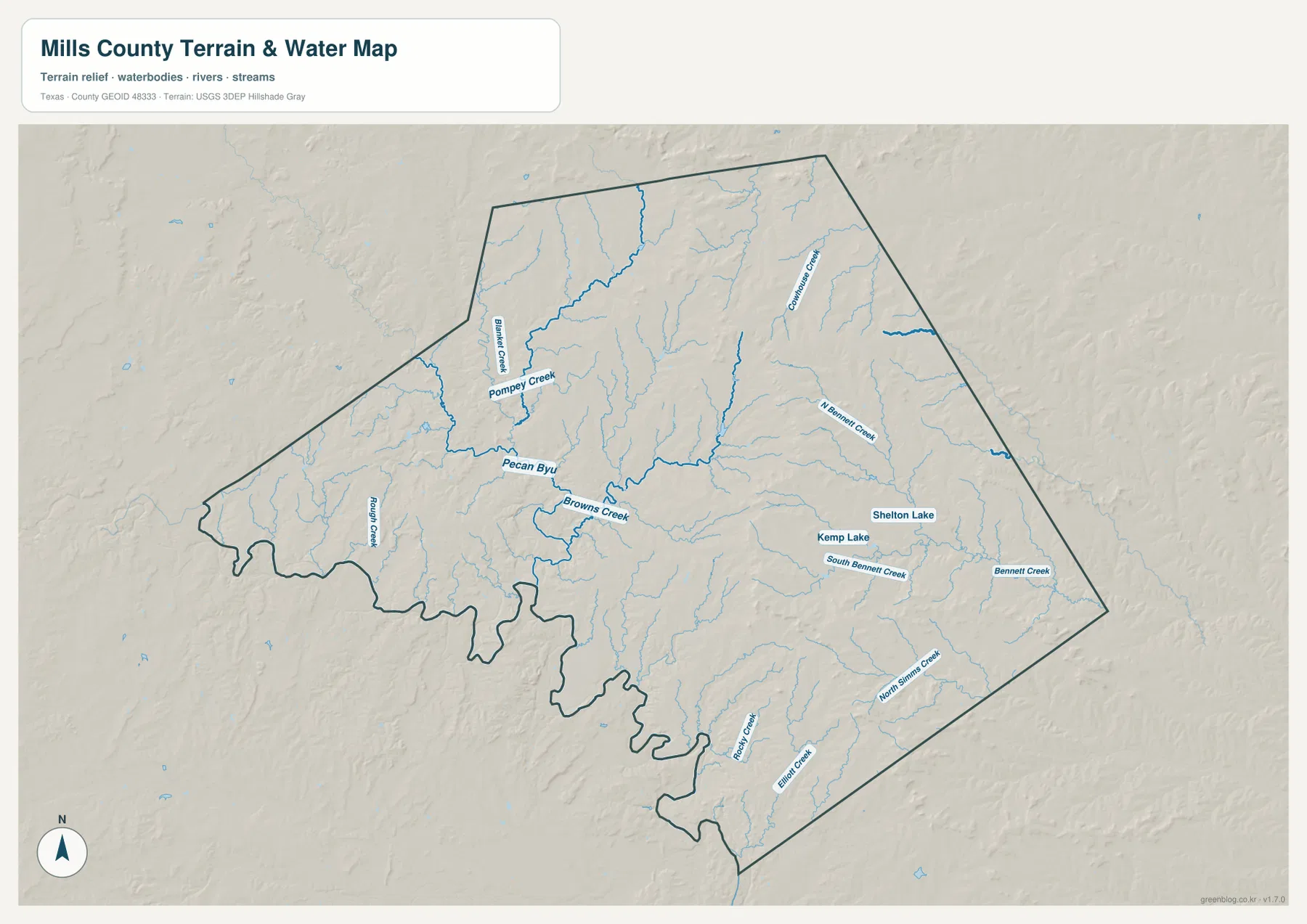 Pompey Creek, Pecan Byu, Browns Creek, Bennett Creek, Kemp Lake와 Shelton Lake가 표시된 밀스 카운티 수역 지도