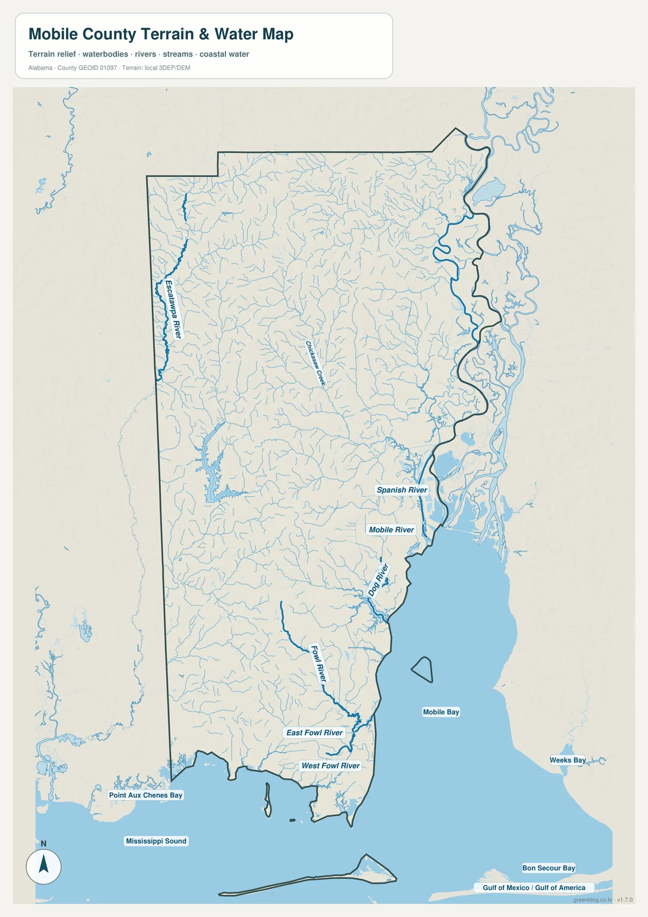 Mobile County 수역 지도에 Mobile River, Spanish River, Dog River, Fowl River, Escatawpa River, Mobile Bay와 Gulf 해안을 표시한 모습