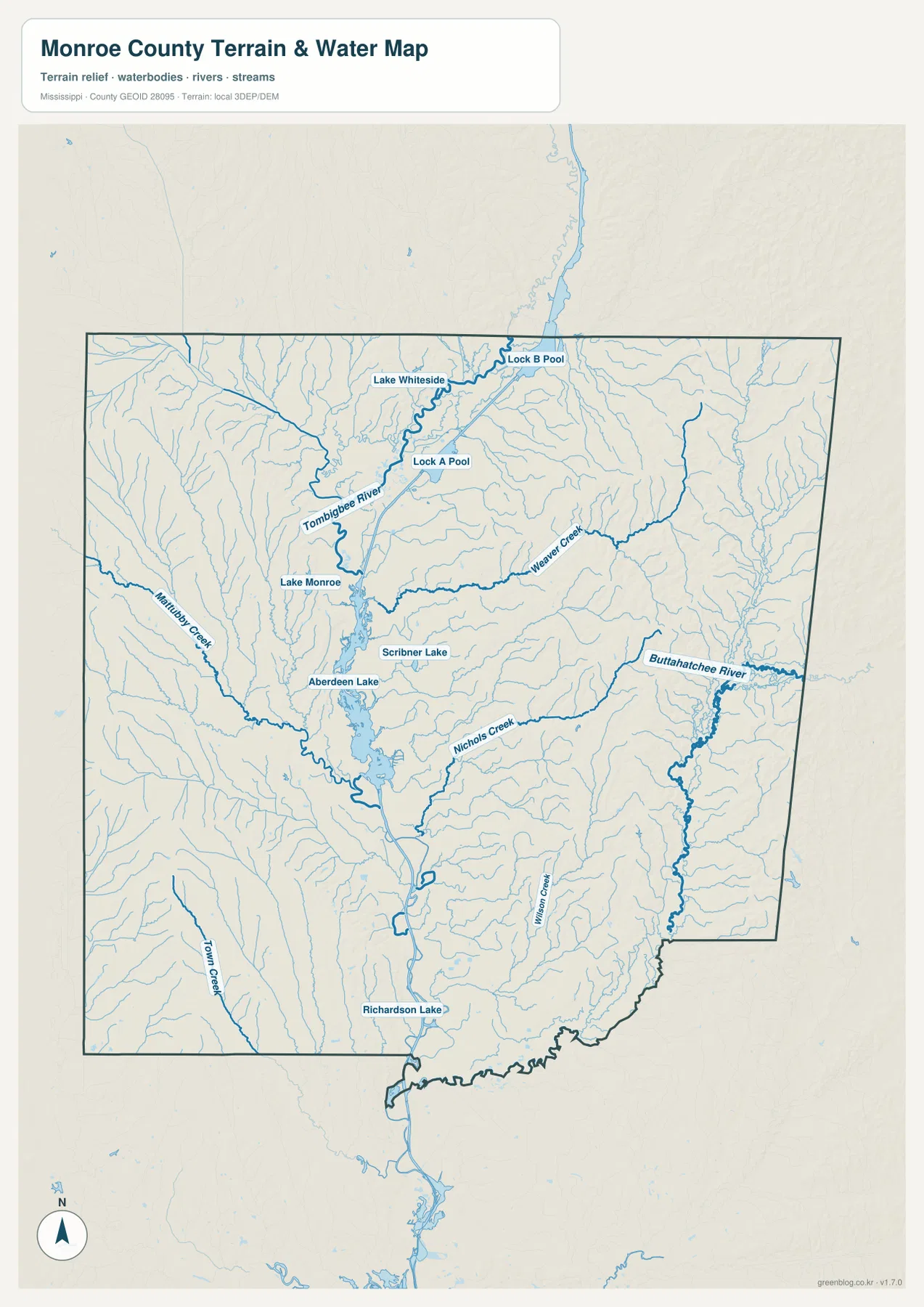 먼로 카운티 수역 지도에서 Tombigbee River, Aberdeen Lake, Lock A Pool, Buttahatchee River와 여러 creek을 표시한 모습