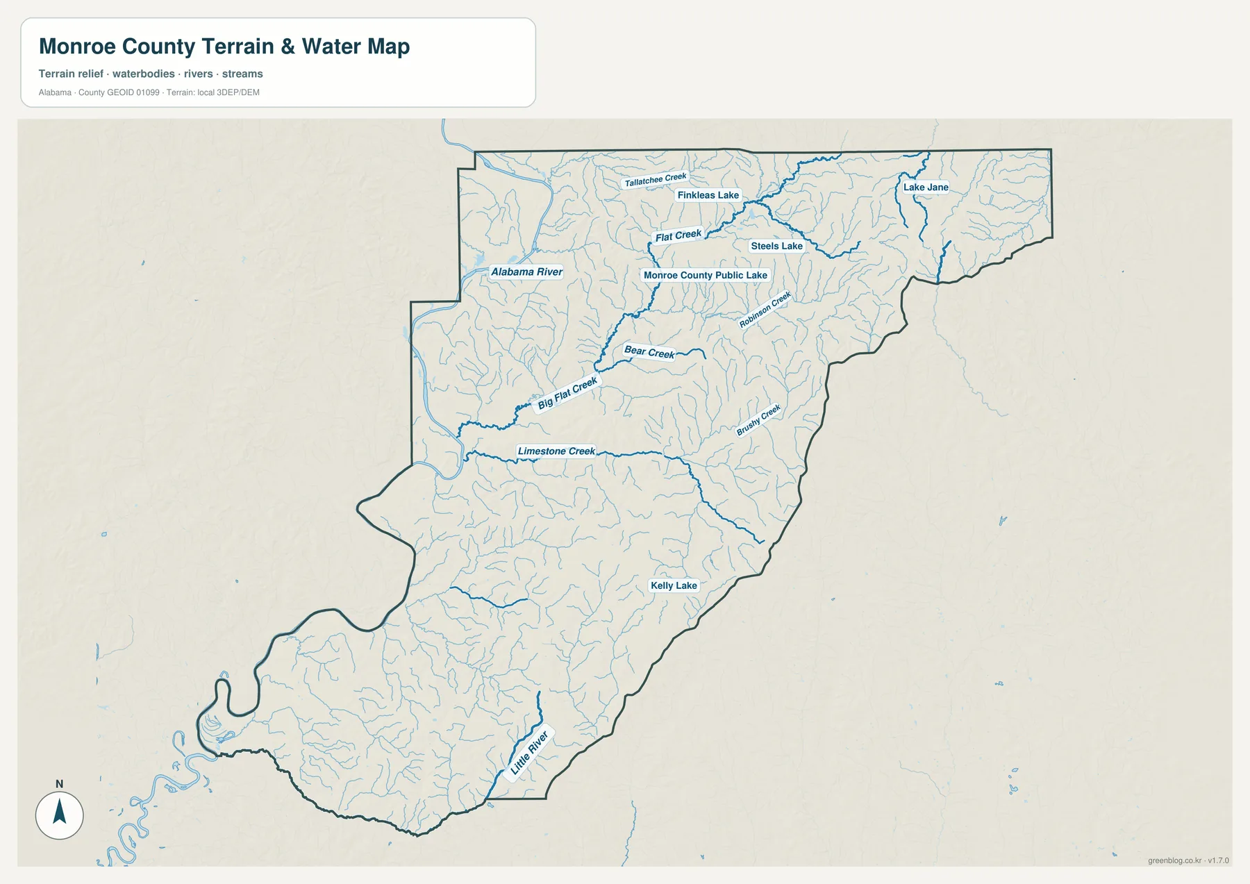 Alabama River와 Monroe County 내부의 하천과 호수를 보여 주는 수역 지도