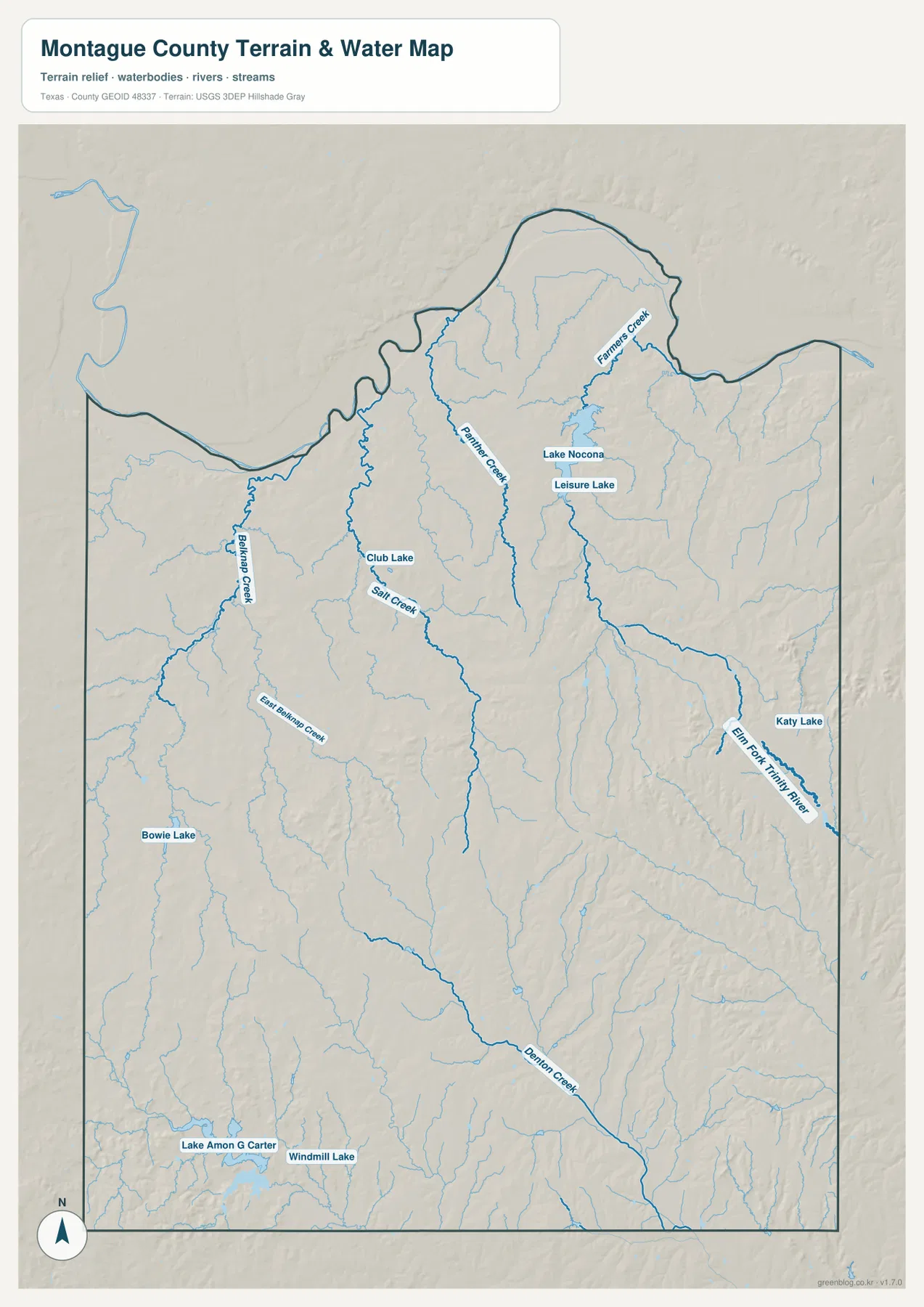 Farmers Creek, Panther Creek, Belknap Creek, Denton Creek, Elm Fork Trinity River와 여러 호수가 표시된 몬태규 카운티 수역 지도