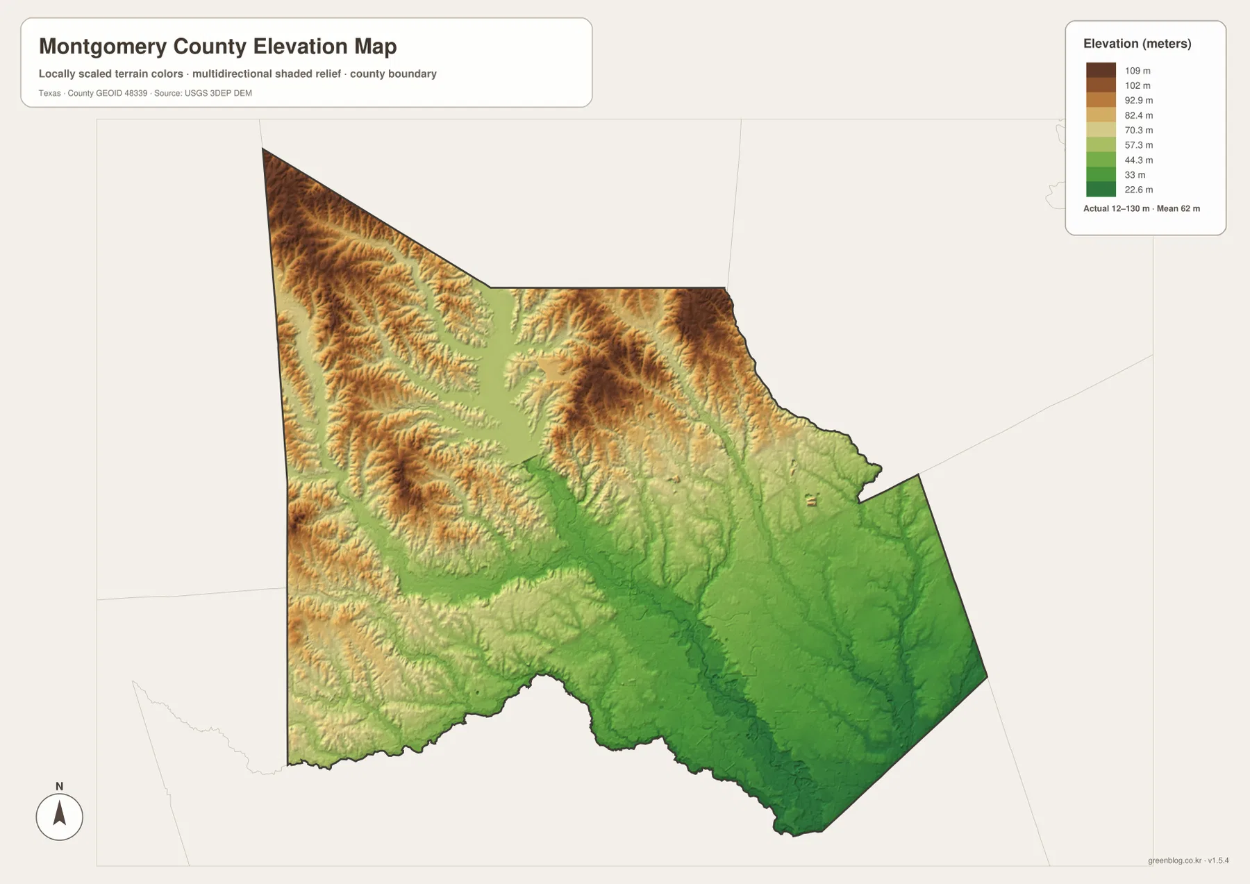 Montgomery County elevation map showing an actual range from about 12 to 130 meters and a mean elevation of 62 meters