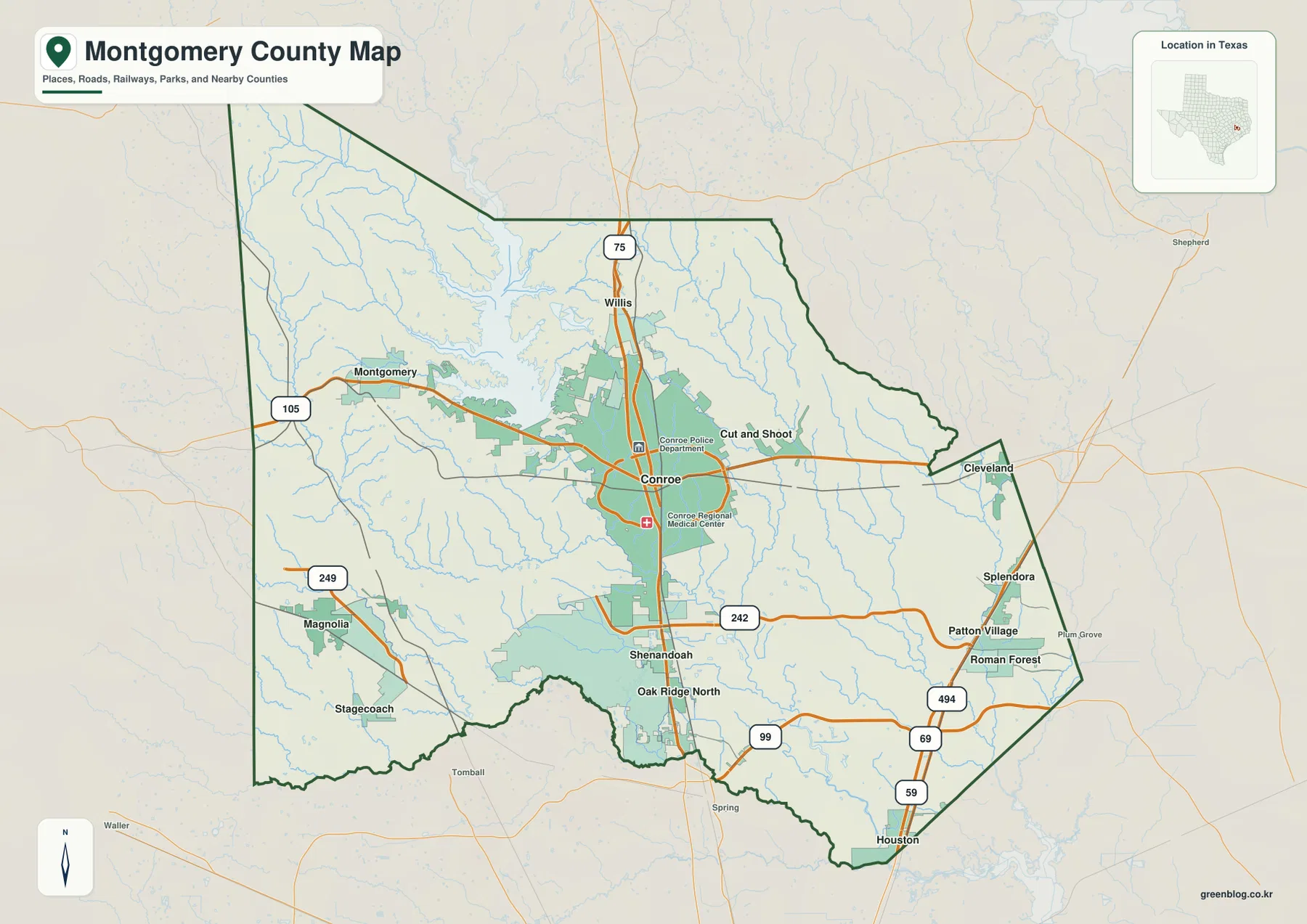 Montgomery County Texas map showing Conroe, Willis, Montgomery, Magnolia, Shenandoah, Oak Ridge North, and major roads