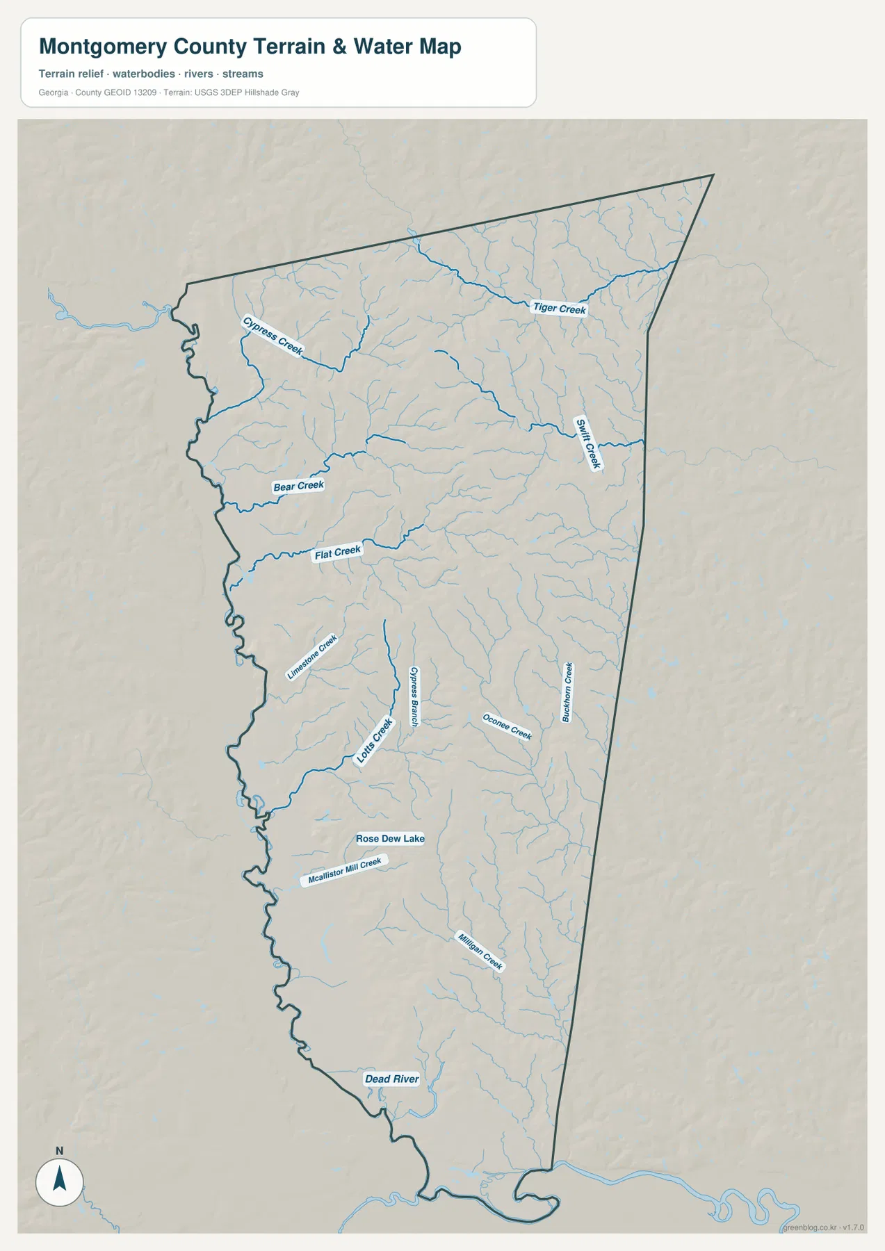몽고메리 카운티 수역 지도에 표시된 Cypress Creek, Tiger Creek, Bear Creek, Flat Creek, Swift Creek, Rose Dew Lake와 Dead River
