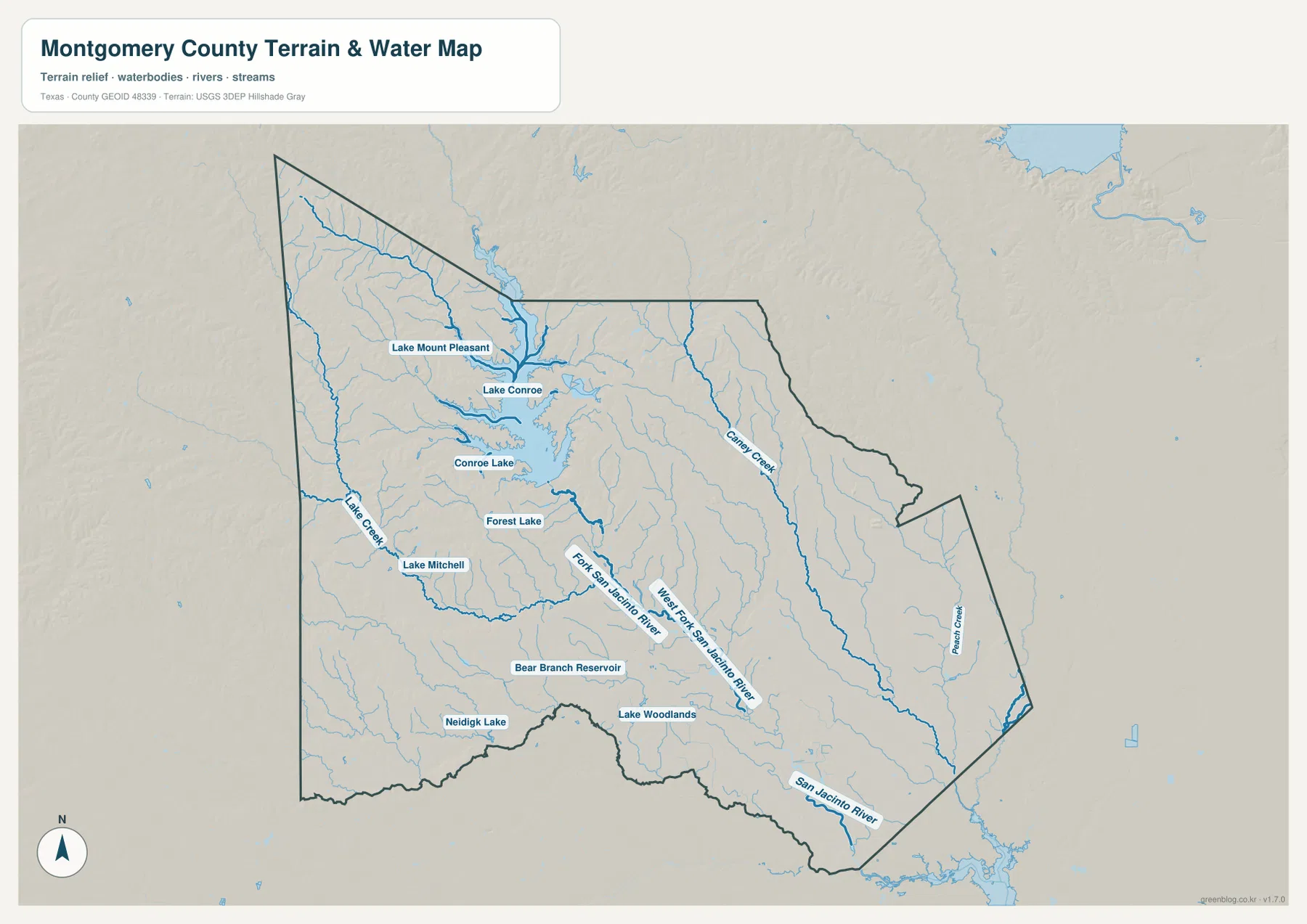 Montgomery County water map showing Lake Conroe, Lake Creek, Caney Creek, Peach Creek, West Fork San Jacinto River, San Jacinto River, and smaller lakes