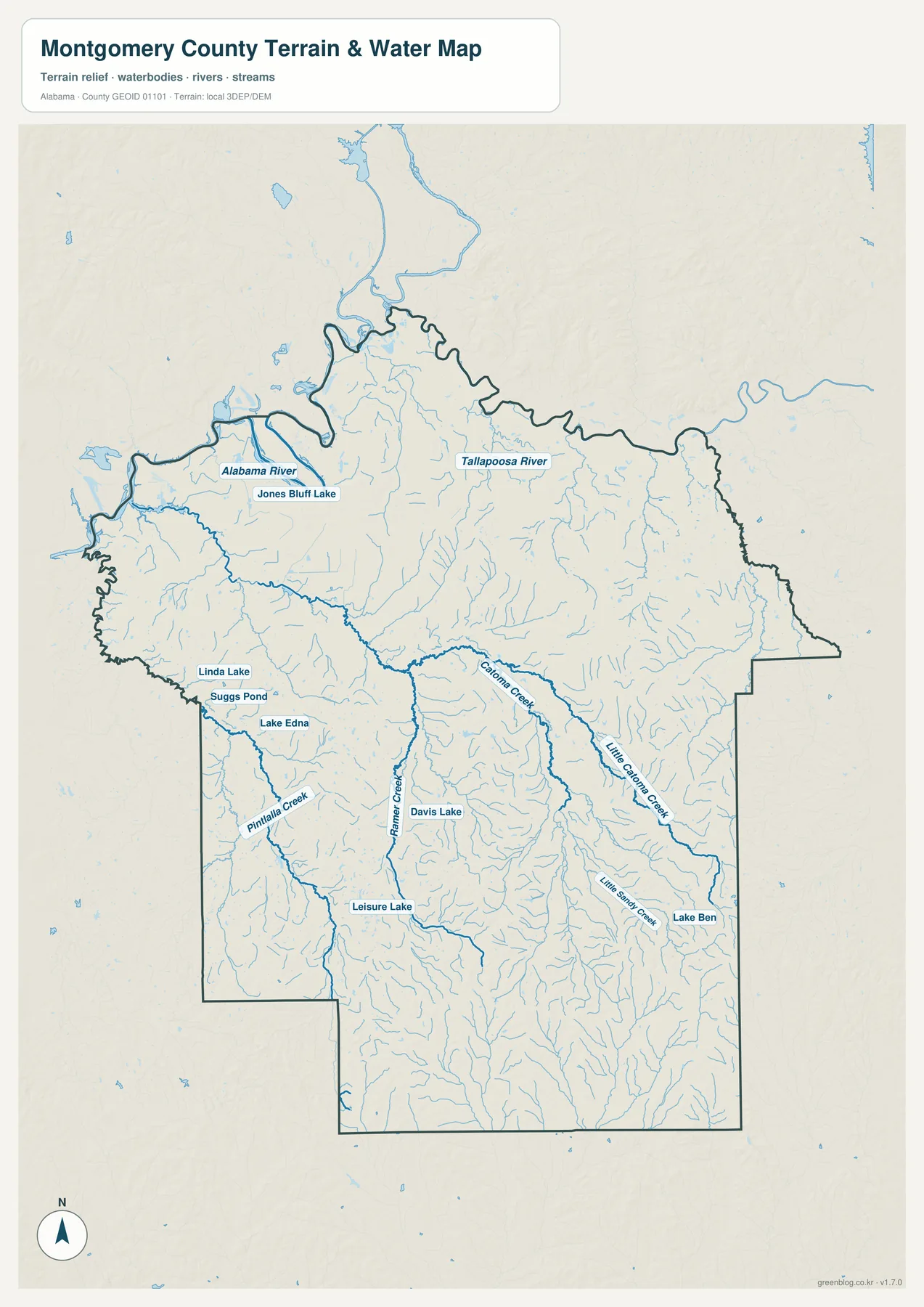 Montgomery County의 Alabama River, Tallapoosa River, Catoma Creek, Pintlala Creek과 여러 호수를 보여 주는 수역 지도