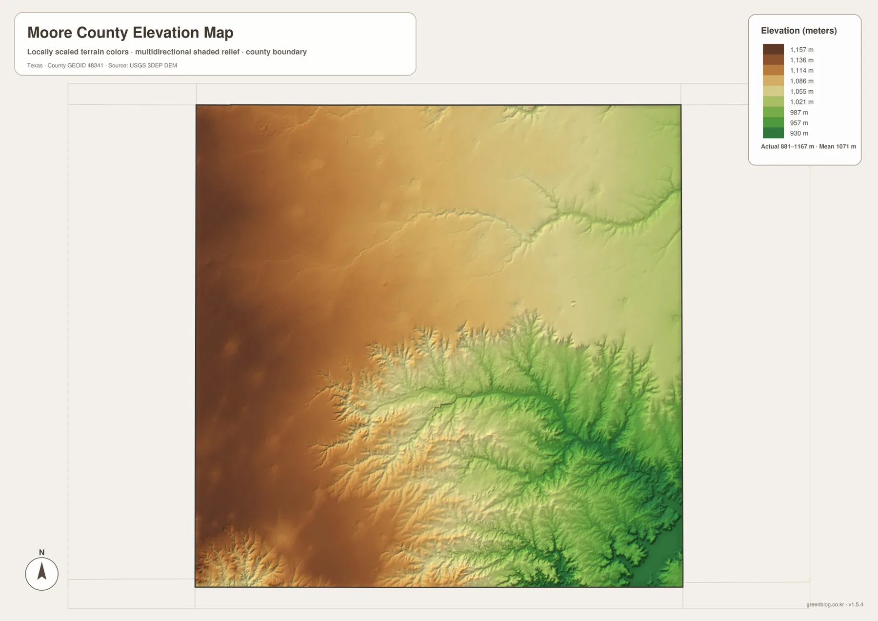 Moore County elevation map showing an actual range from about 881 to 1,167 meters and a mean elevation of 1,071 meters