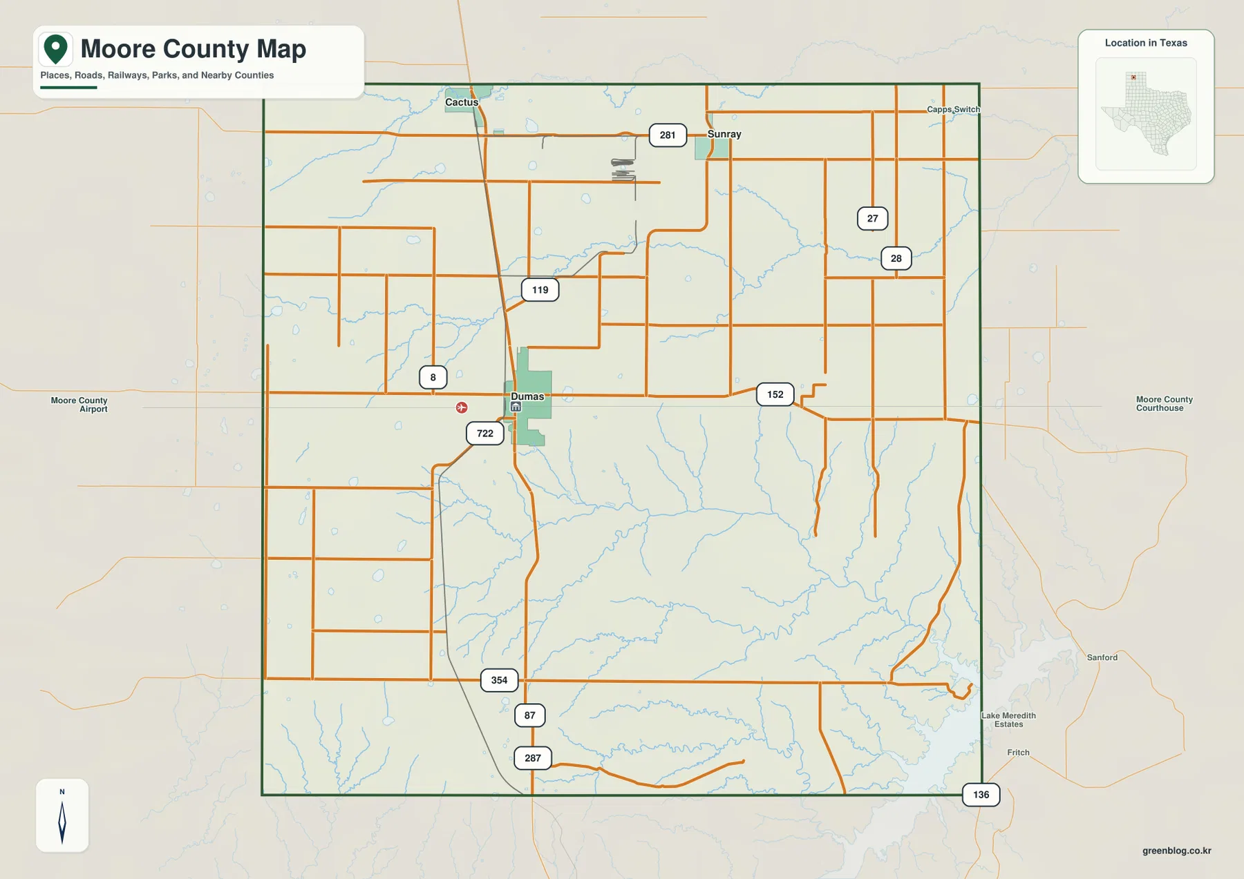 Moore County Texas map showing Dumas, Cactus, Sunray, and major numbered roads