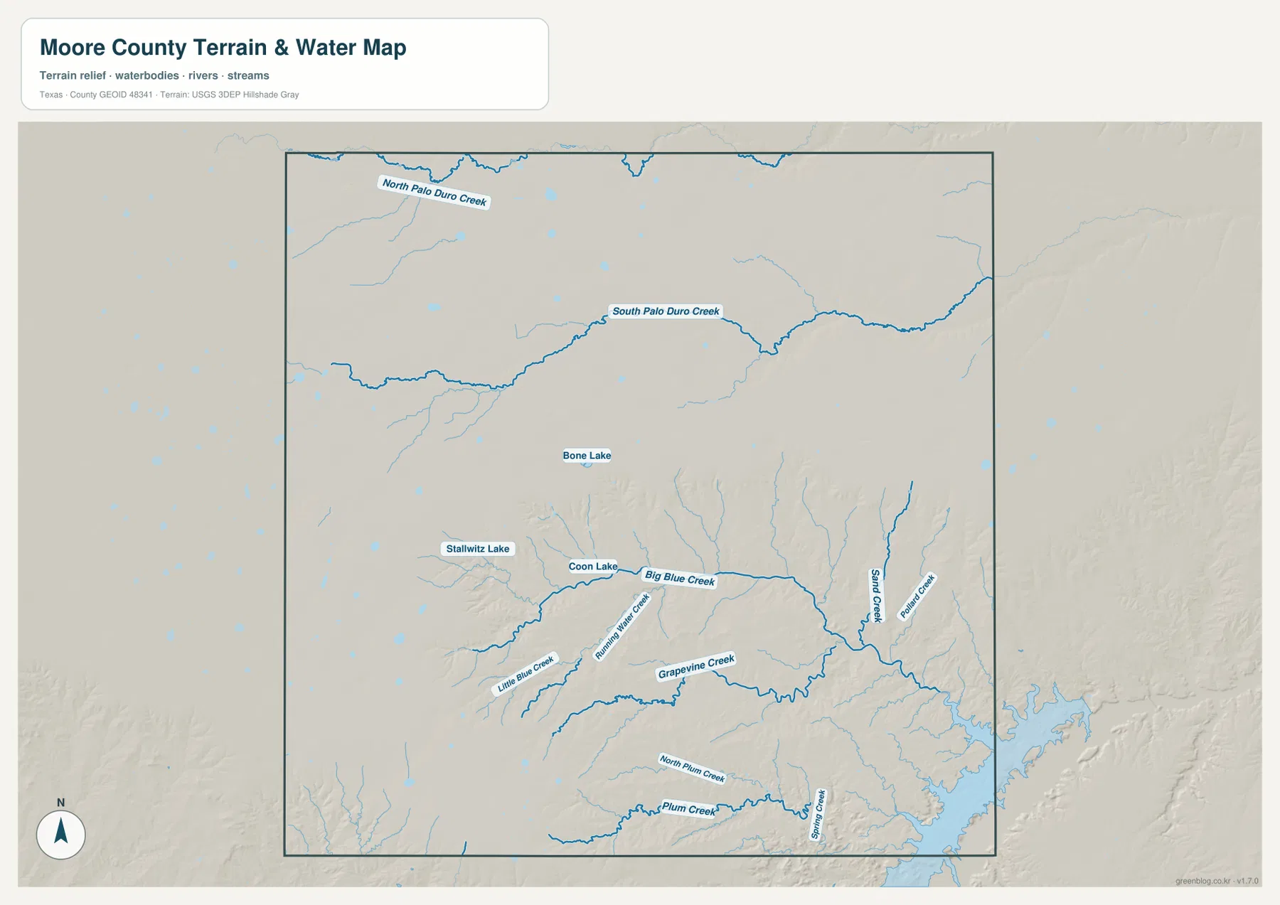Moore County water map showing North Palo Duro Creek, South Palo Duro Creek, Big Blue Creek, Grapevine Creek, Plum Creek, and small named lakes