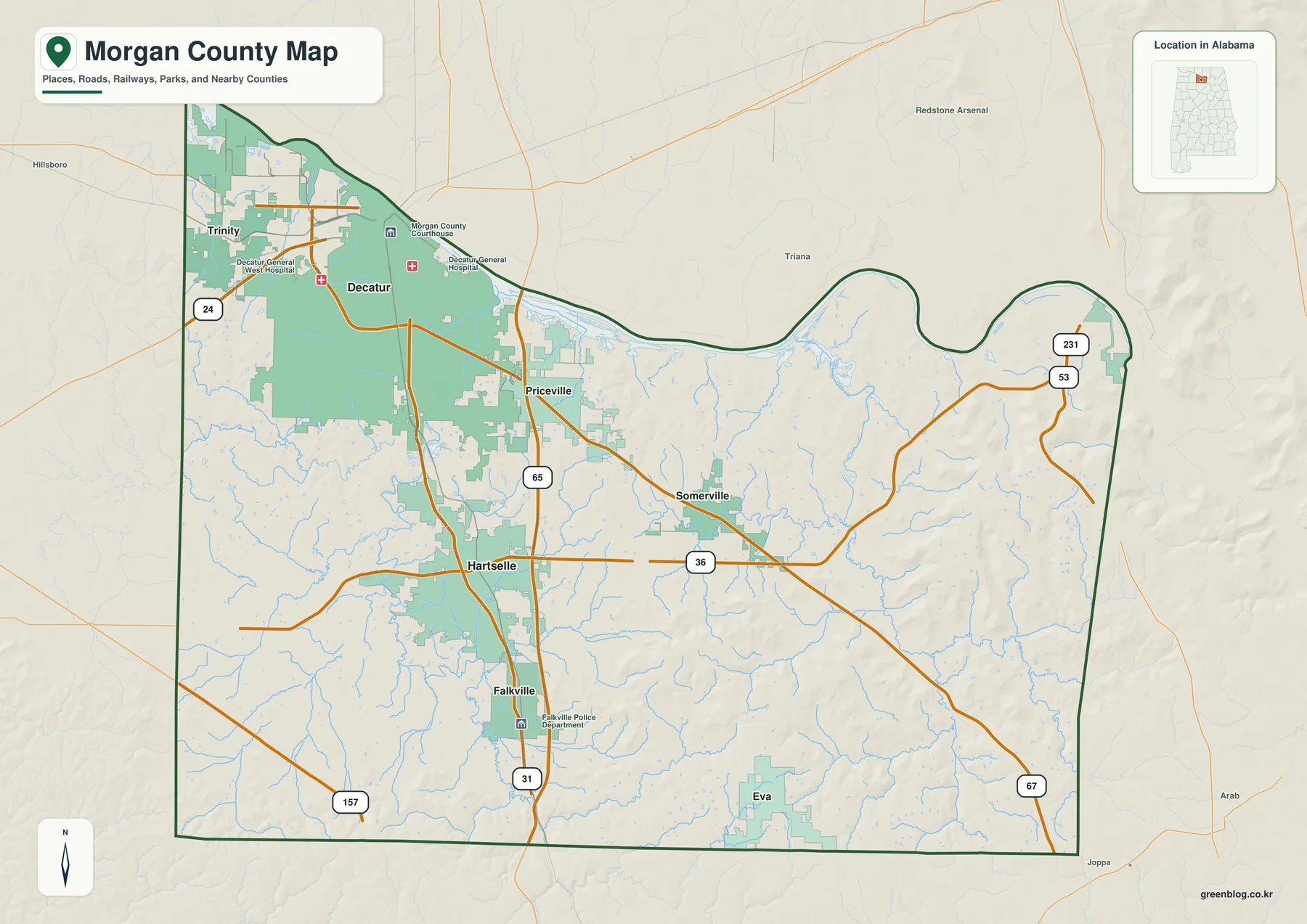 앨라배마 Morgan County 카운티 경계와 Decatur, Hartselle, Priceville, 주요 도로를 표시한 지도