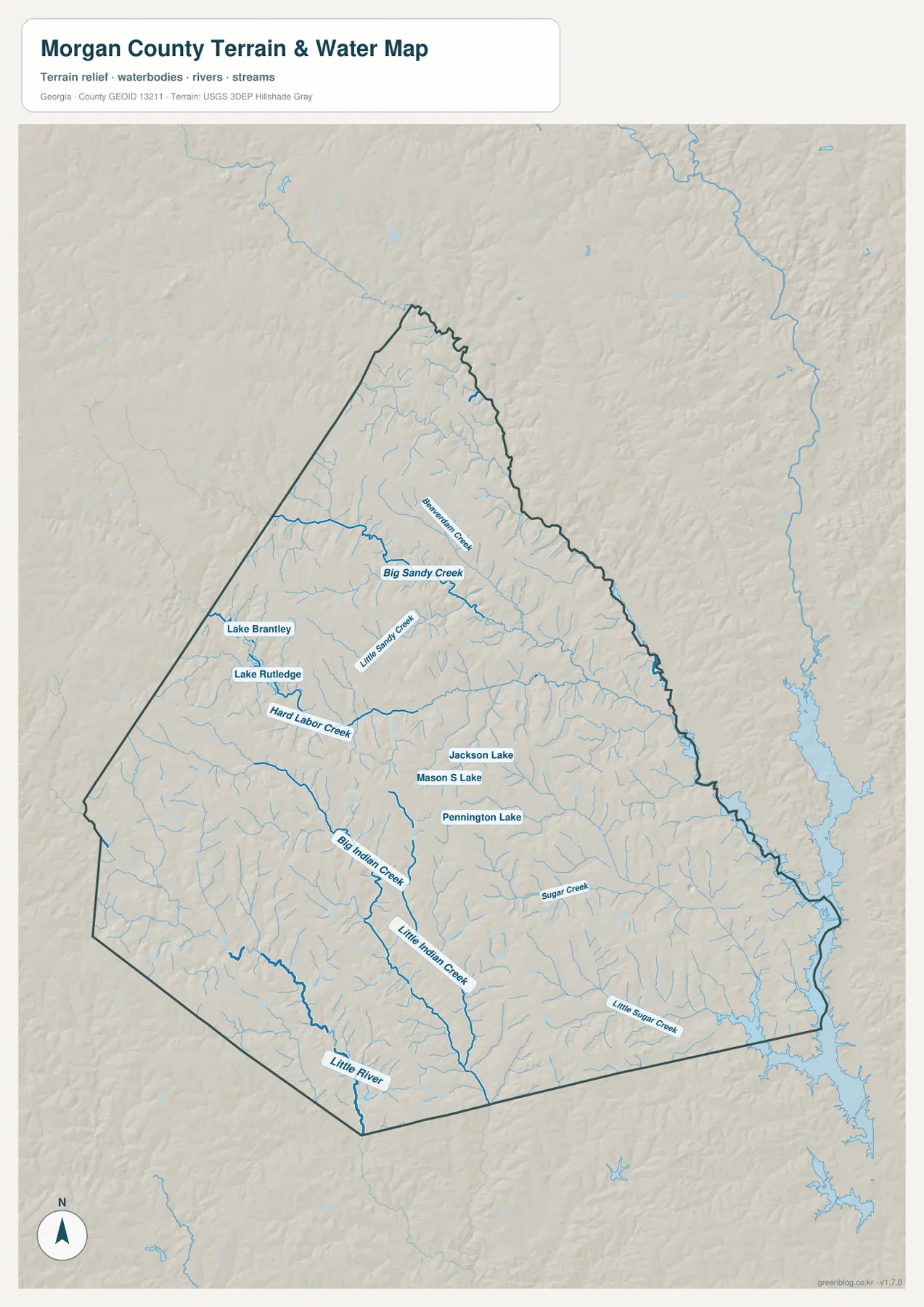 모건 카운티 수역 지도에 표시된 Hard Labor Creek, Big Sandy Creek, Big Indian Creek, Little River와 여러 호수
