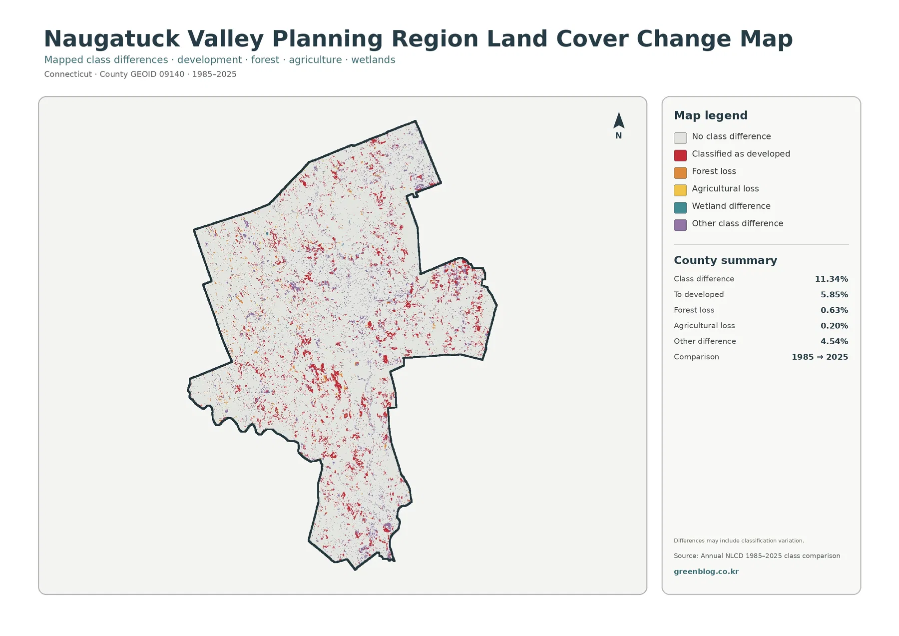 Naugatuck Valley Planning Region 토지 피복 변화 지도