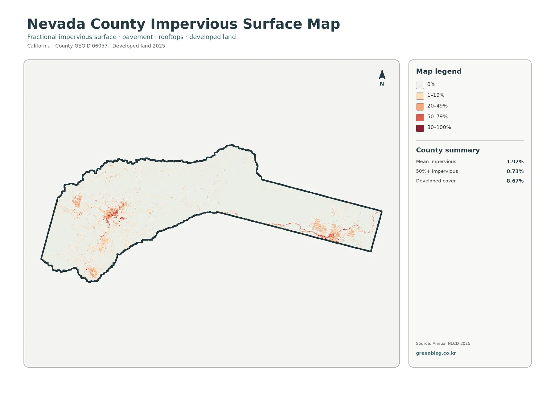 Nevada County 불투수·개발지 지도
