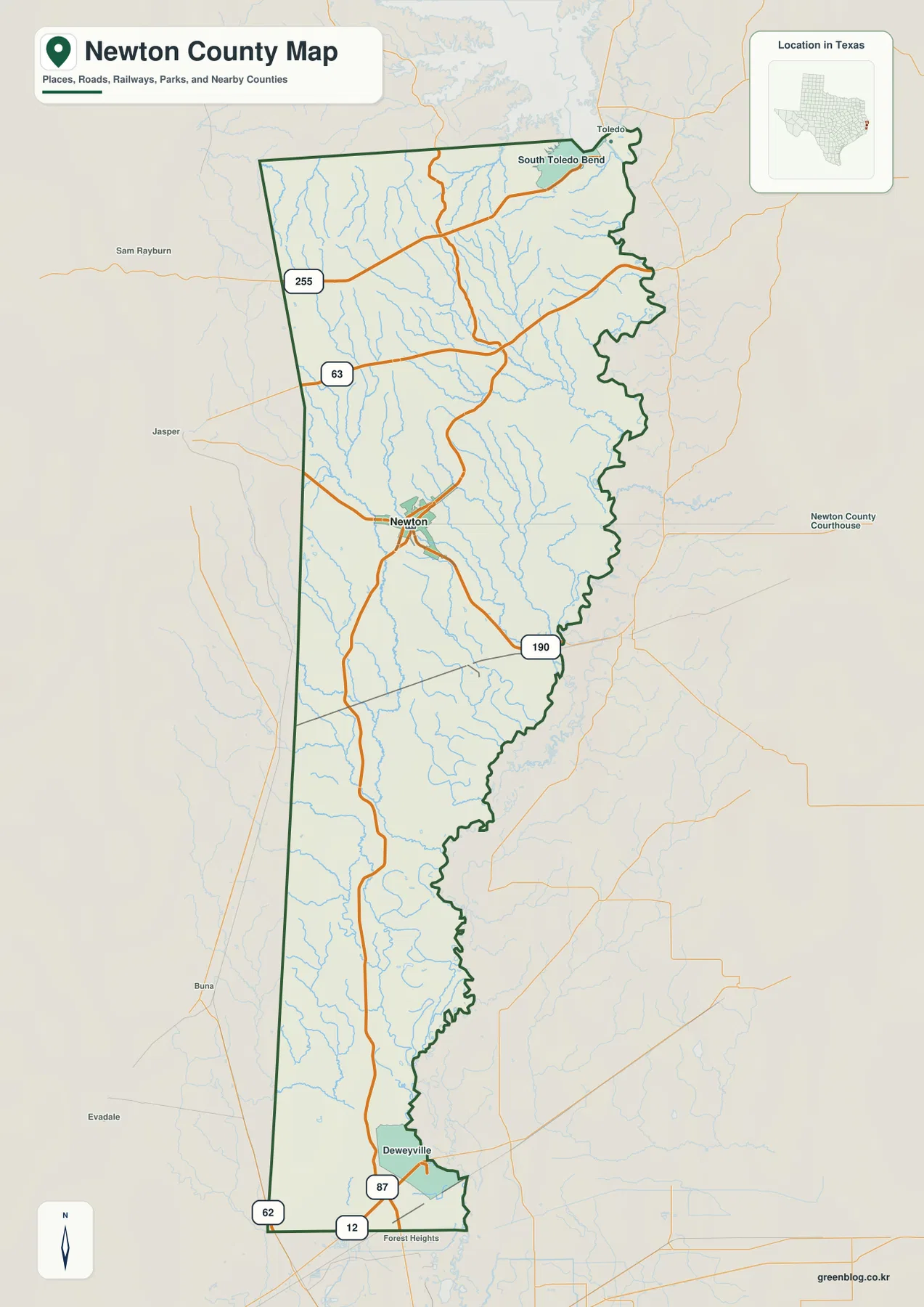 Newton, Deweyville, South Toledo Bend와 255·63·190·62·12·87번 도로가 표시된 텍사스주 뉴턴 카운티 지도