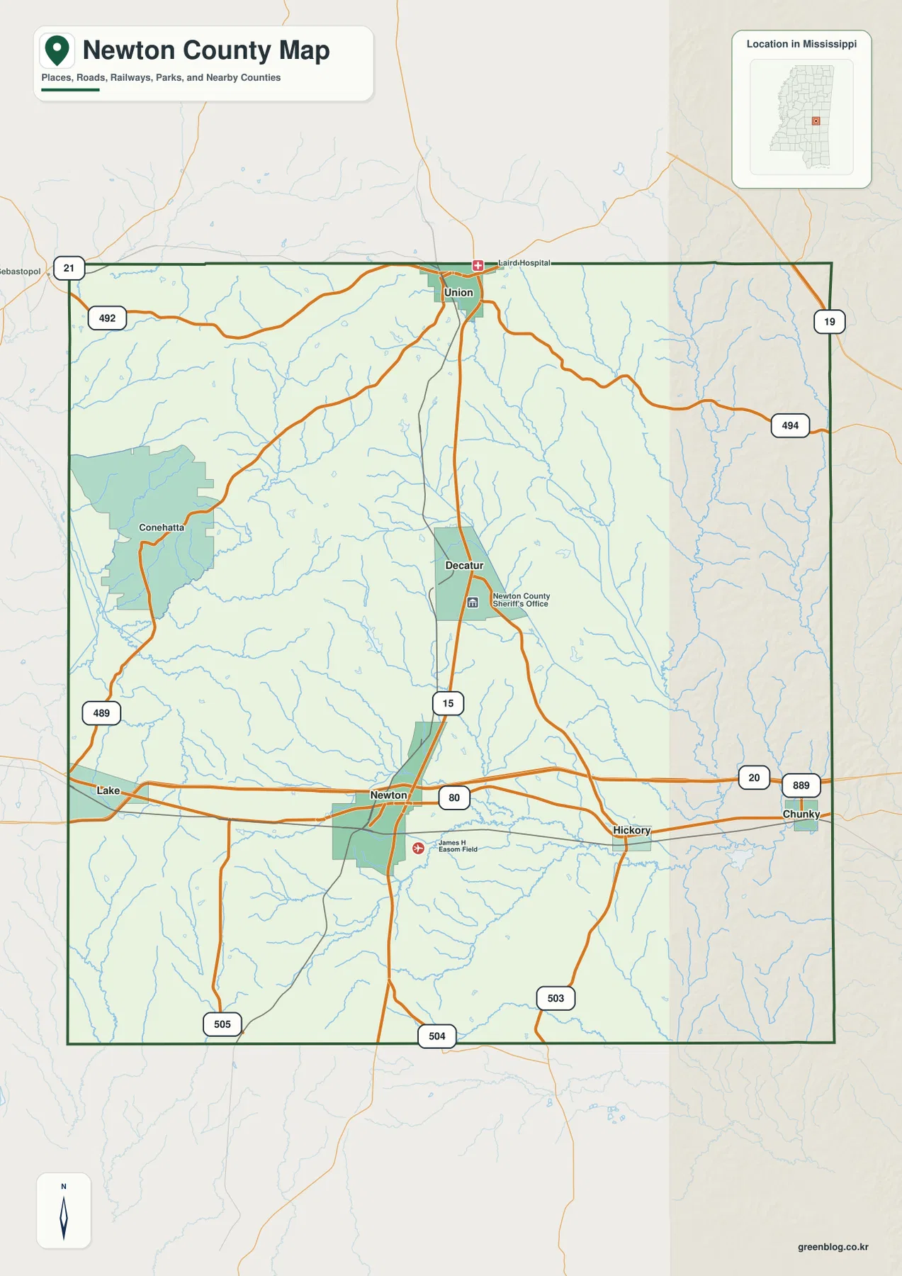 미시시피주 뉴턴 카운티 지도에서 Decatur, Newton, Union, Hickory, Chunky와 주요 도로를 표시한 모습