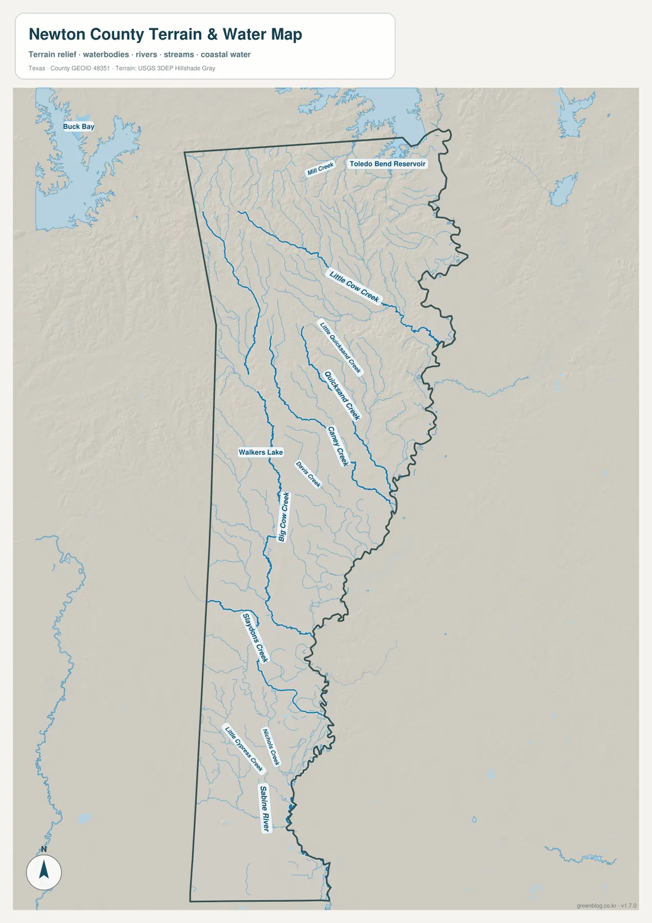 Toledo Bend Reservoir, Sabine River, Little Cow Creek, Quicksand Creek, Caney Creek, Big Cow Creek가 표시된 뉴턴 카운티 수역 지도