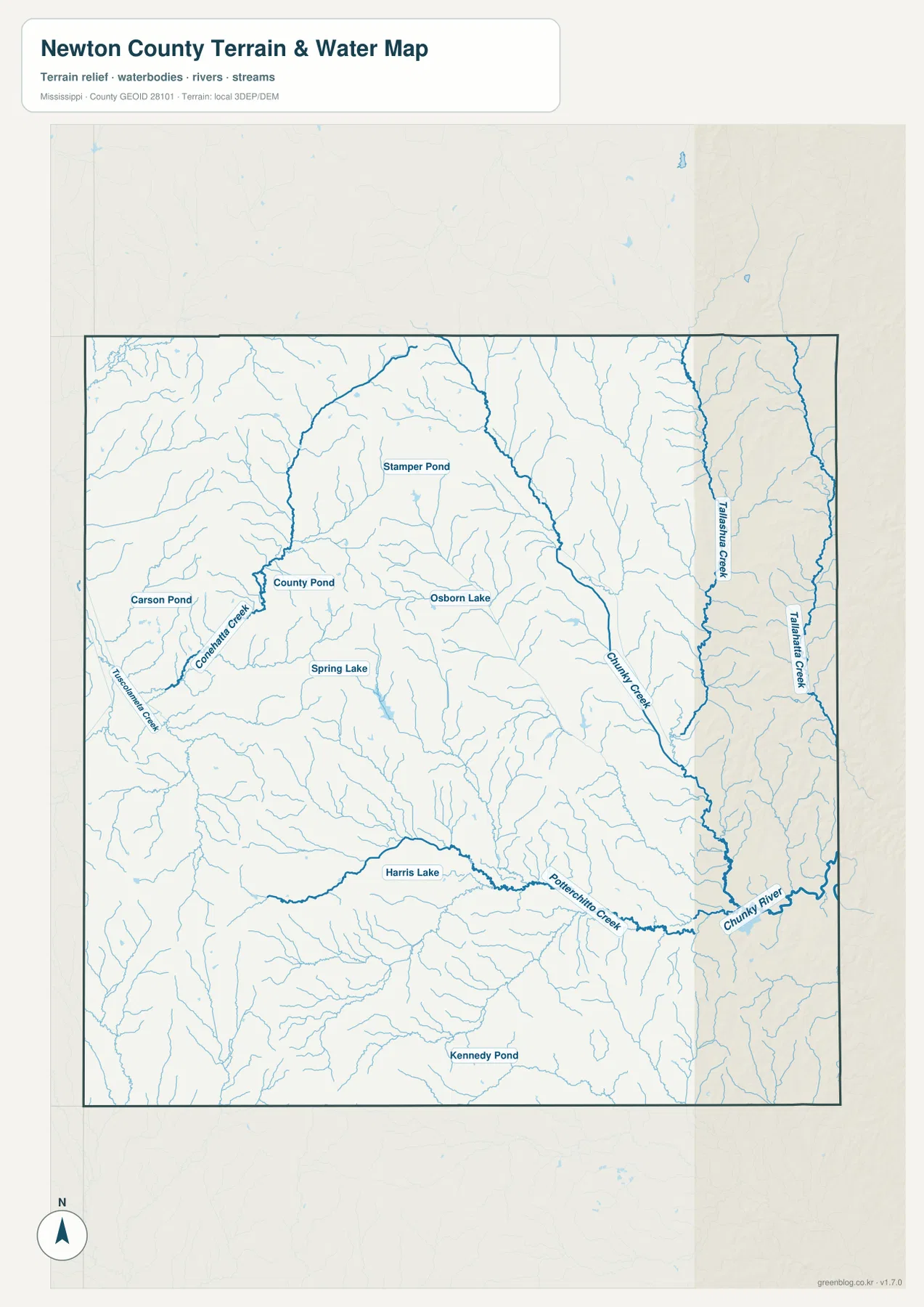 뉴턴 카운티 수역 지도에서 Chunky River, Chunky Creek, Tallahatta Creek, Conehatta Creek과 호수를 표시한 모습