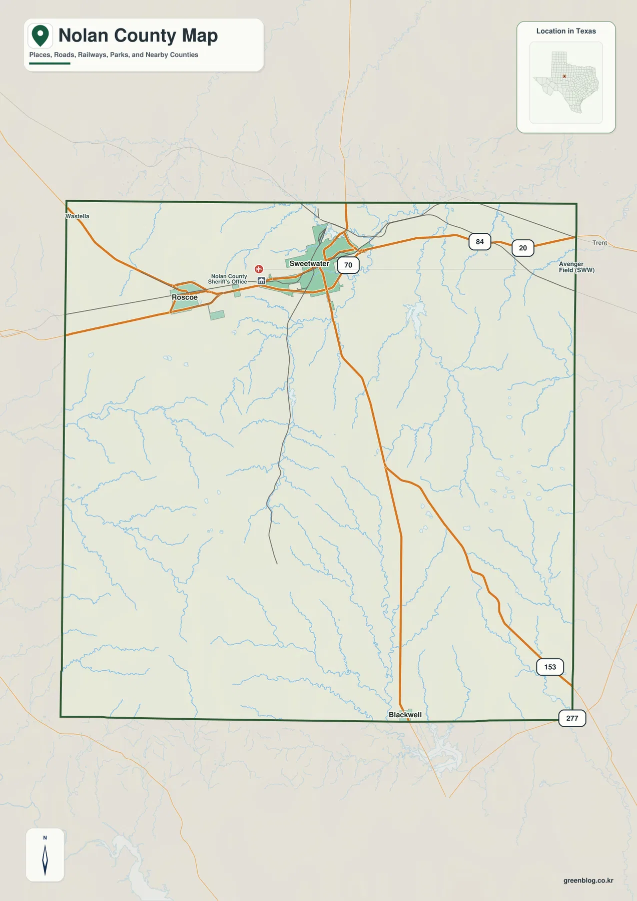 Sweetwater, Roscoe, Blackwell과 84·20·70·153·277번 도로가 표시된 텍사스주 놀란 카운티 지도