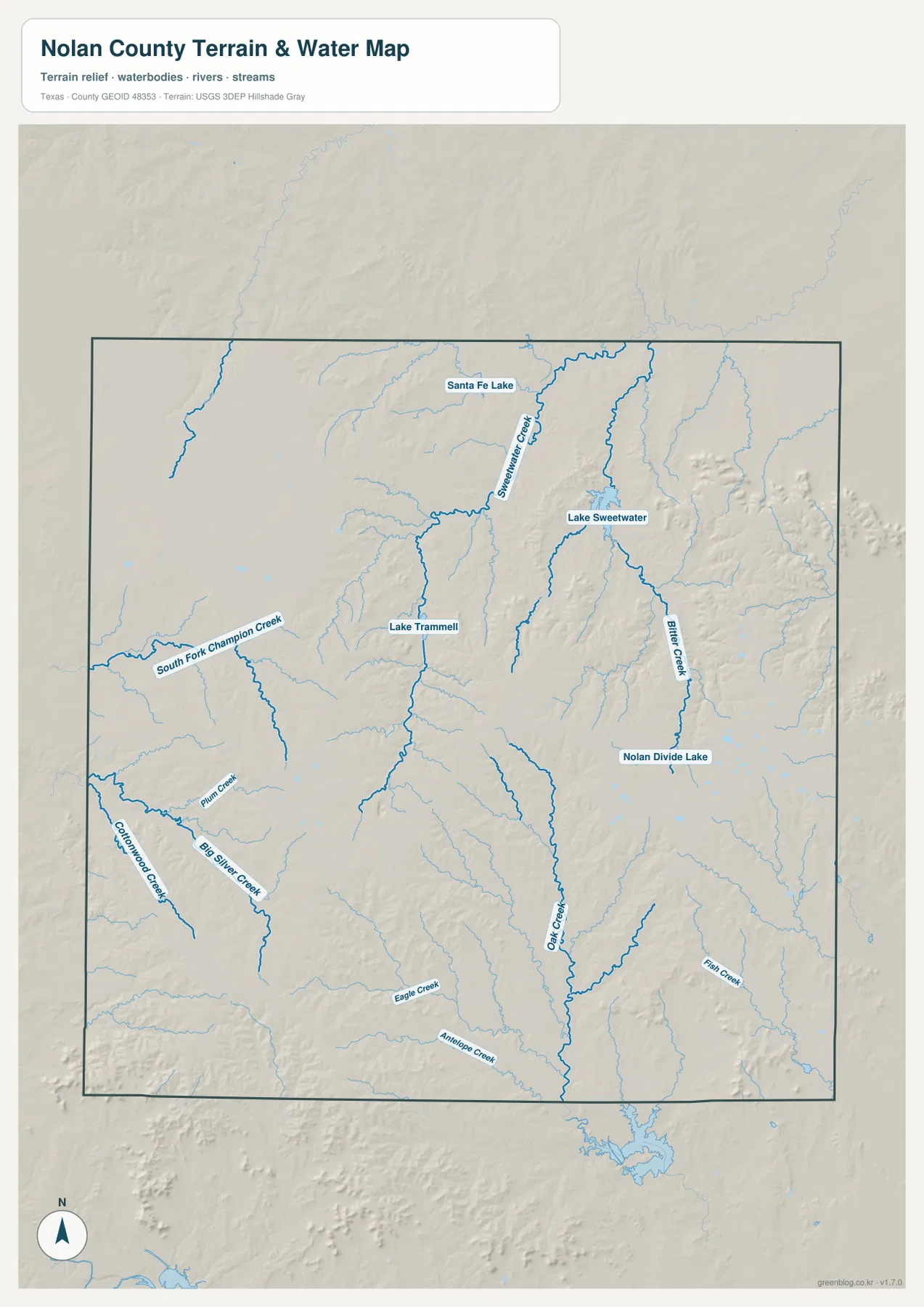 Sweetwater Creek, Lake Sweetwater, Lake Trammell, Bitter Creek, Oak Creek, South Fork Champion Creek가 표시된 놀란 카운티 수역 지도