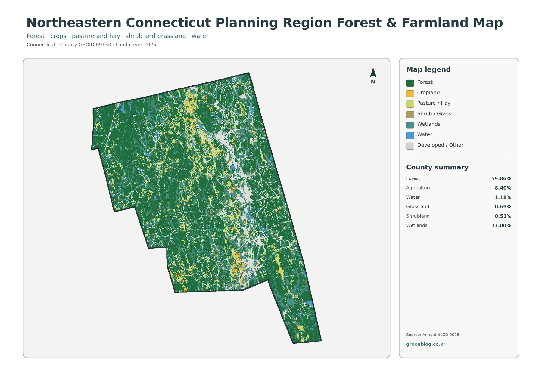 Northeastern Connecticut Planning Region 산림·농경지 지도