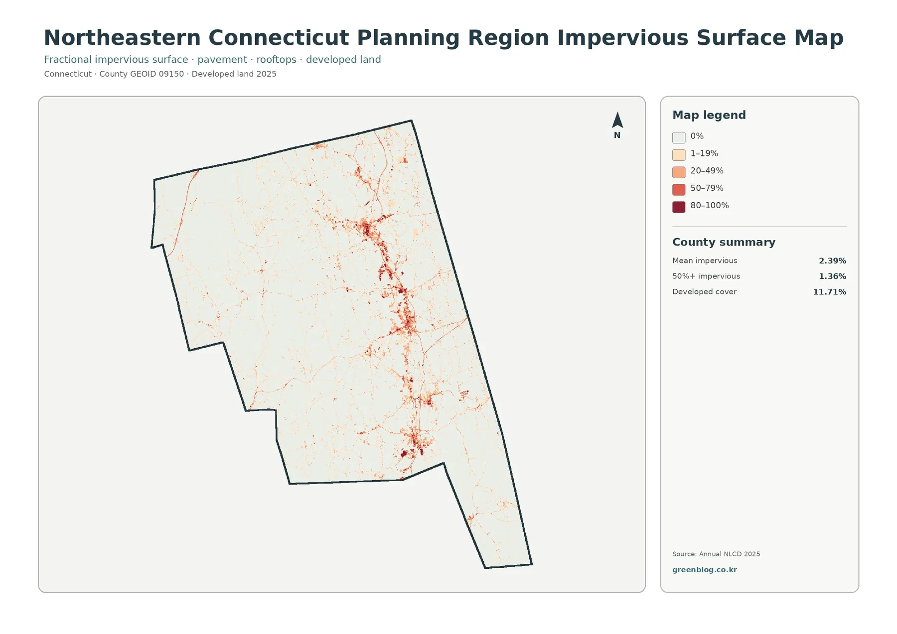 Northeastern Connecticut Planning Region 불투수·개발지 지도