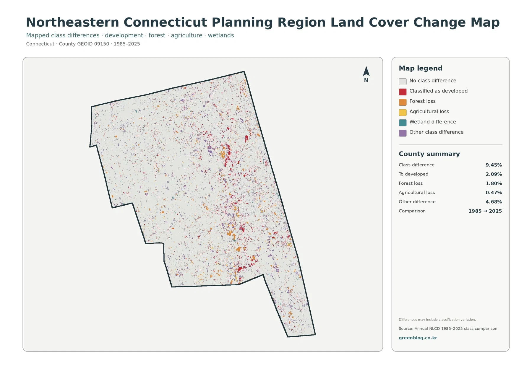 Northeastern Connecticut Planning Region 토지 피복 변화 지도