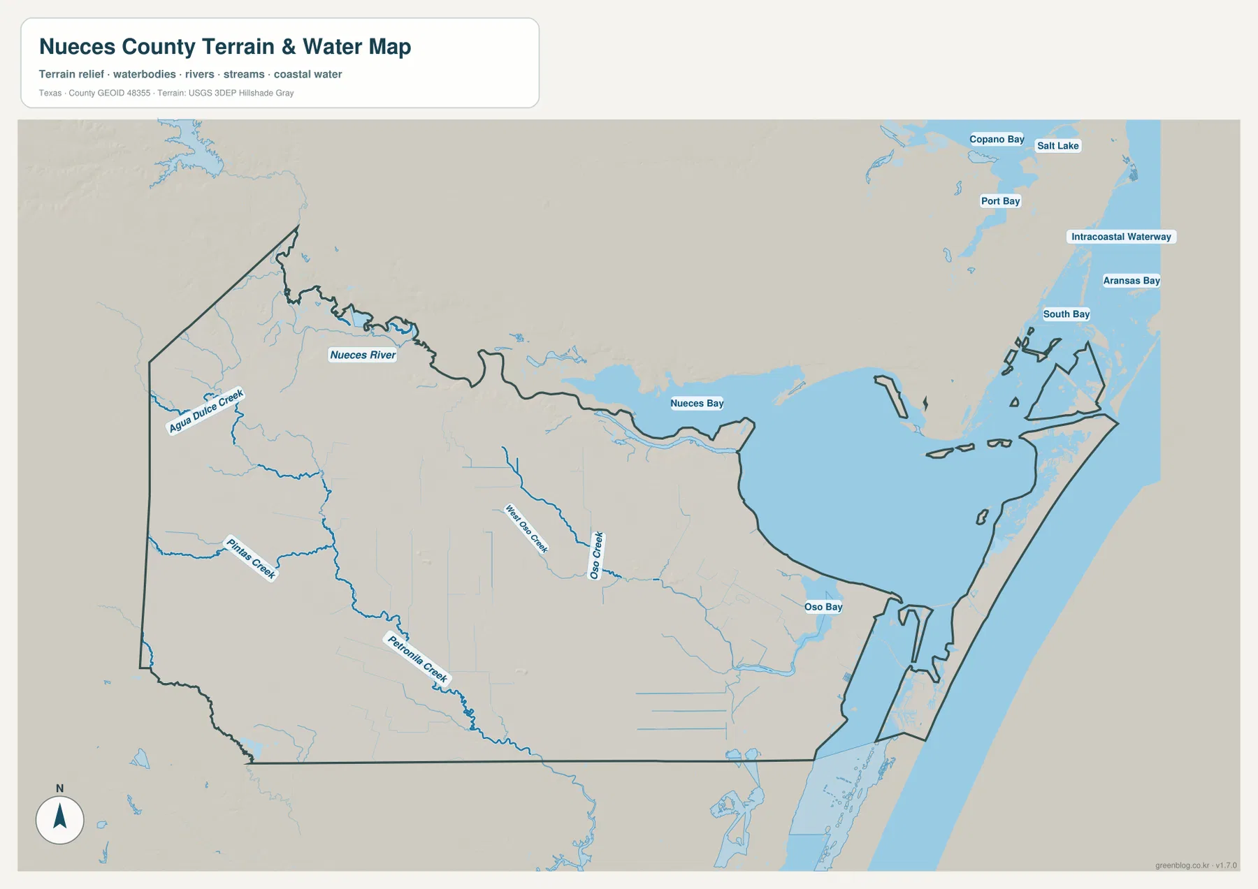Nueces River, Nueces Bay, Agua Dulce Creek, Pintas Creek, Petronila Creek, Oso Creek, Oso Bay와 Intracoastal Waterway가 표시된 누에세스 카운티 수역 지도