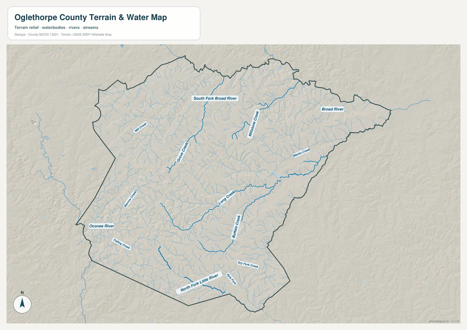 오글소프 카운티 수역 지도에 표시된 Broad River, South Fork Broad River, Oconee River와 주요 지류