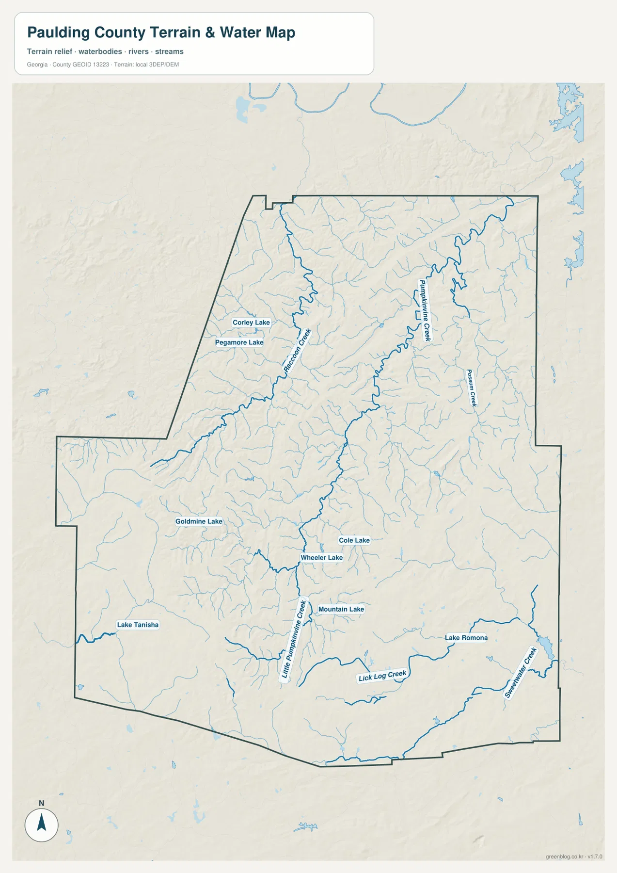 Pumpkinvine Creek, Raccoon Creek, Sweetwater Creek과 여러 호수를 표시한 폴딩 카운티 수역·지형 지도