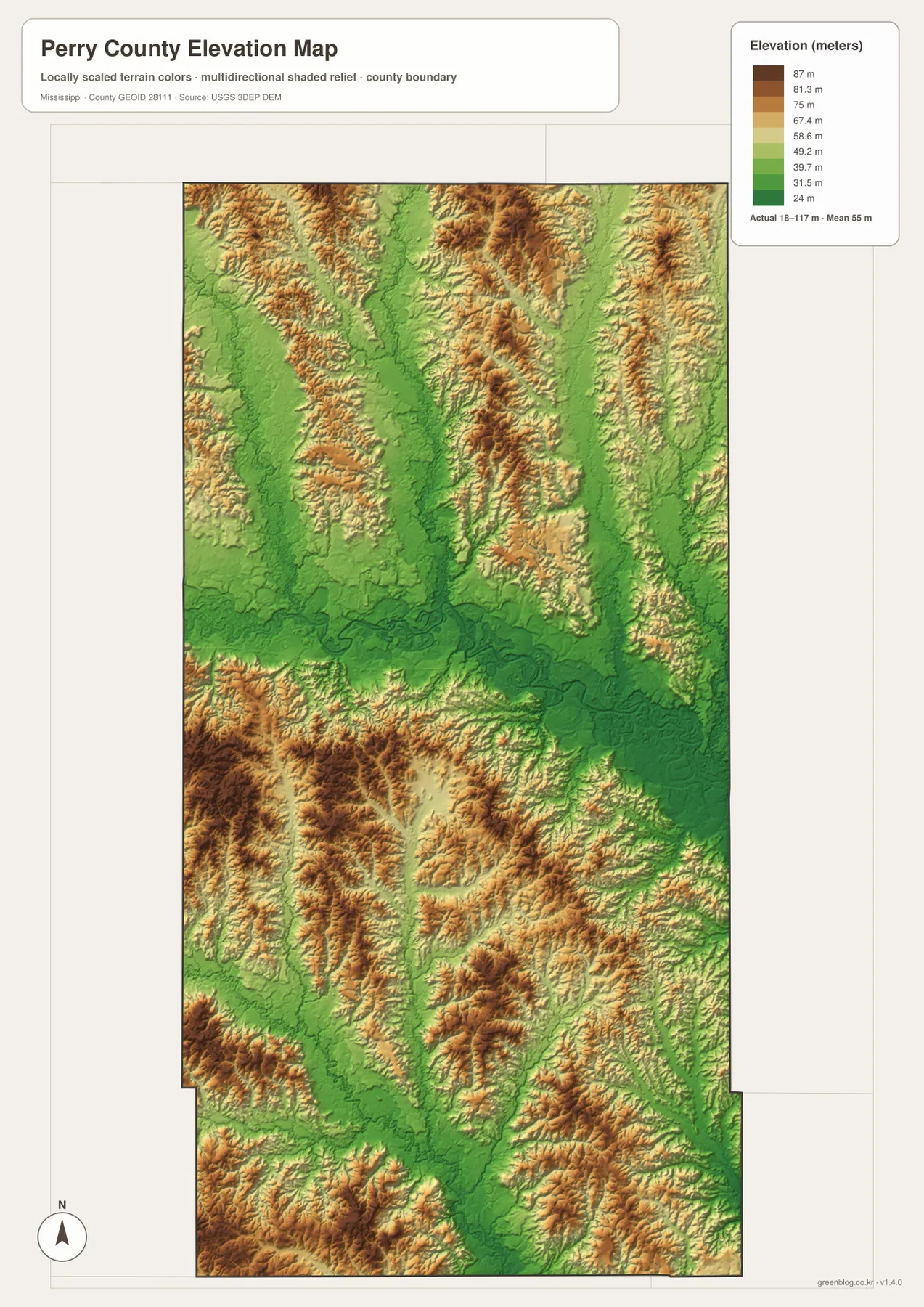 Perry County elevation map showing terrain from about 18 to 117 meters