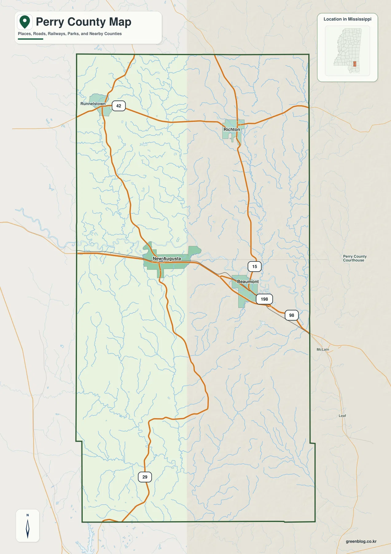 Perry County Mississippi map with New Augusta, Richton, Beaumont and major roads