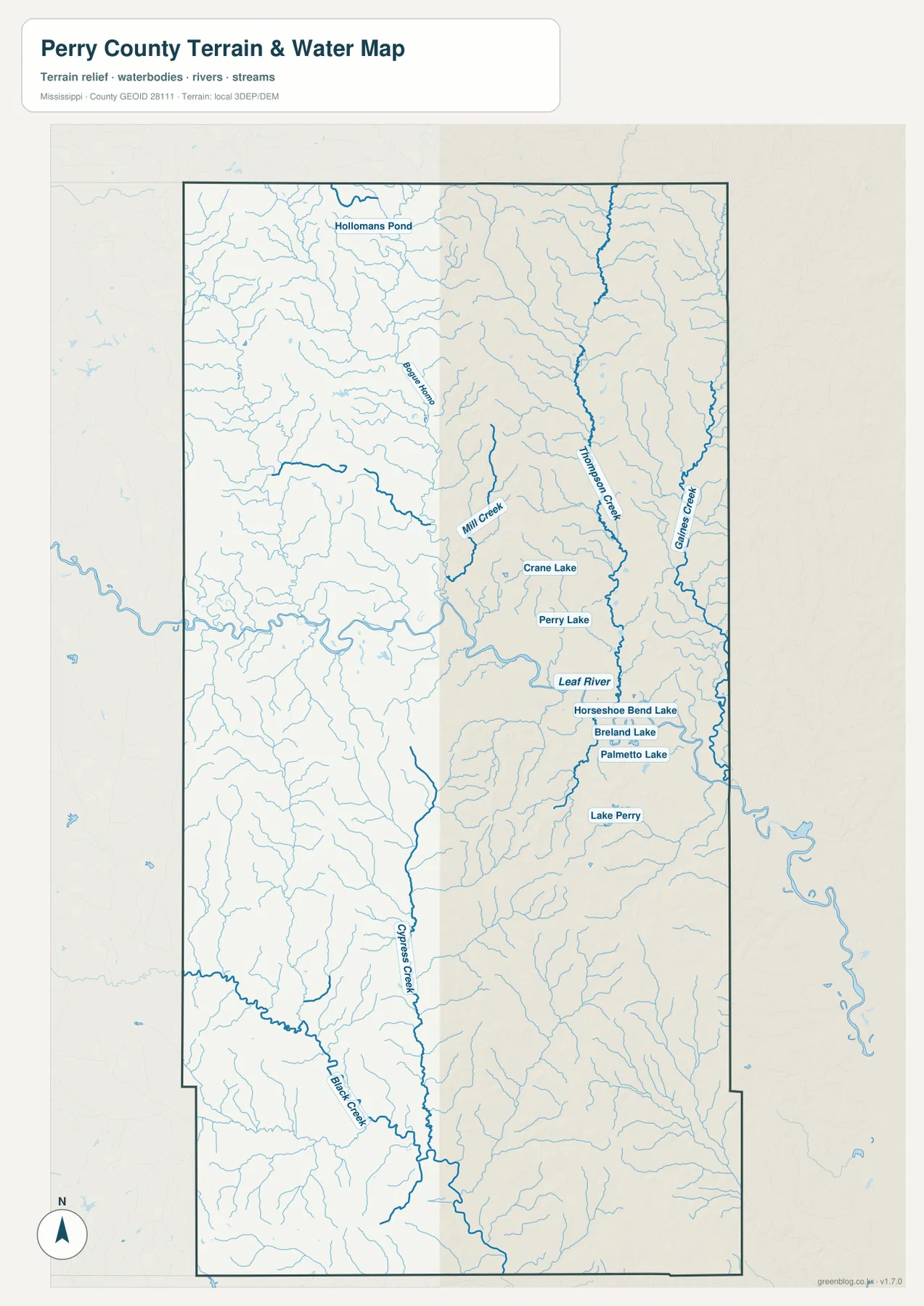 Perry County water map with Leaf River, Thompson Creek, Mill Creek and Cypress Creek