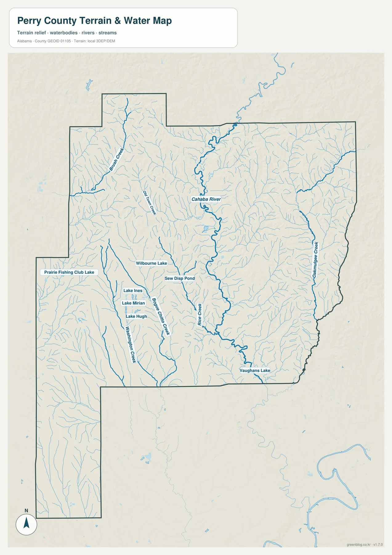 Perry County의 Cahaba River, Brush Creek, Oakmulgee Creek, Bogue Chitto Creek과 여러 호수를 표시한 수역 지도