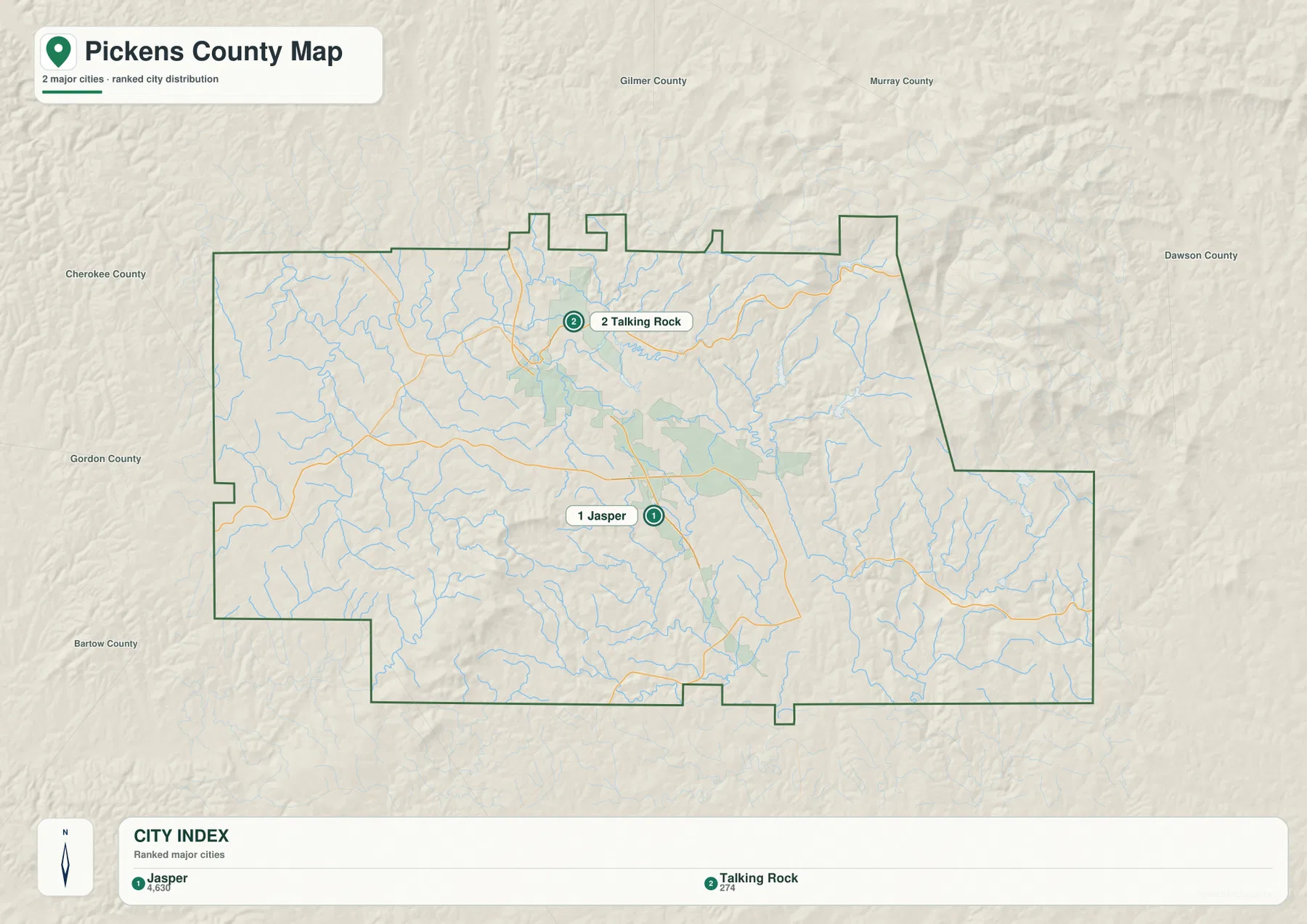 Pickens County city map with ranked markers for Jasper and Talking Rock