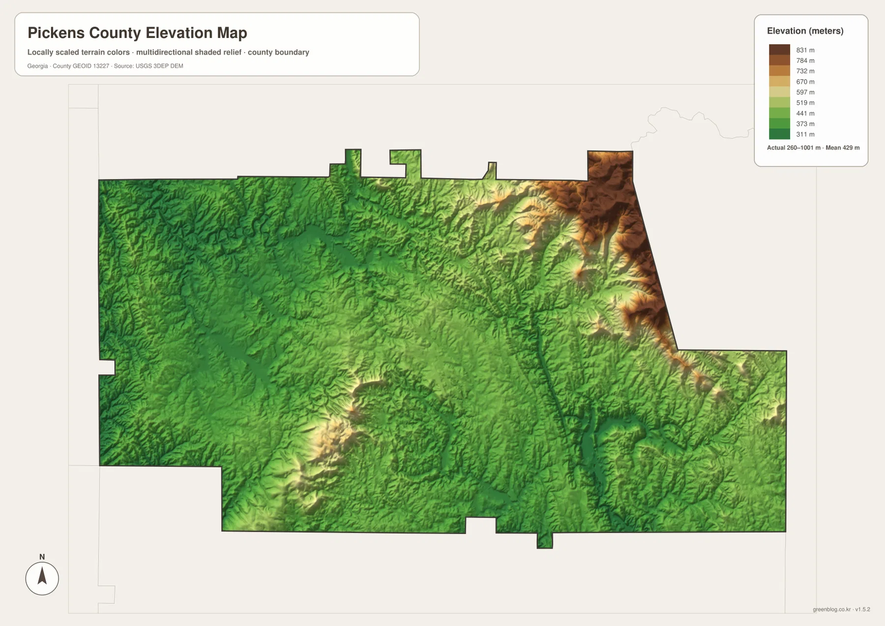 Pickens County elevation map showing high northeastern ridges and lower central and western hills