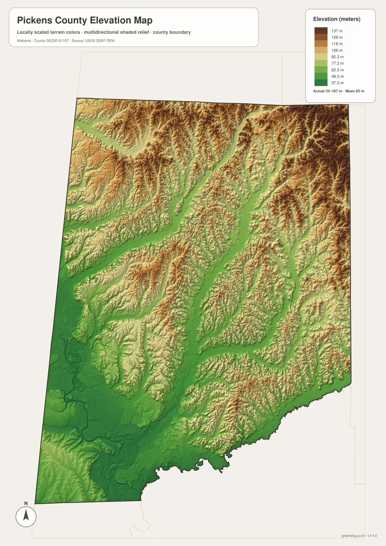Pickens County 실제 고도 33~187m와 평균 83m, 남서부 저지대와 북동부 구릉을 보여 주는 지도