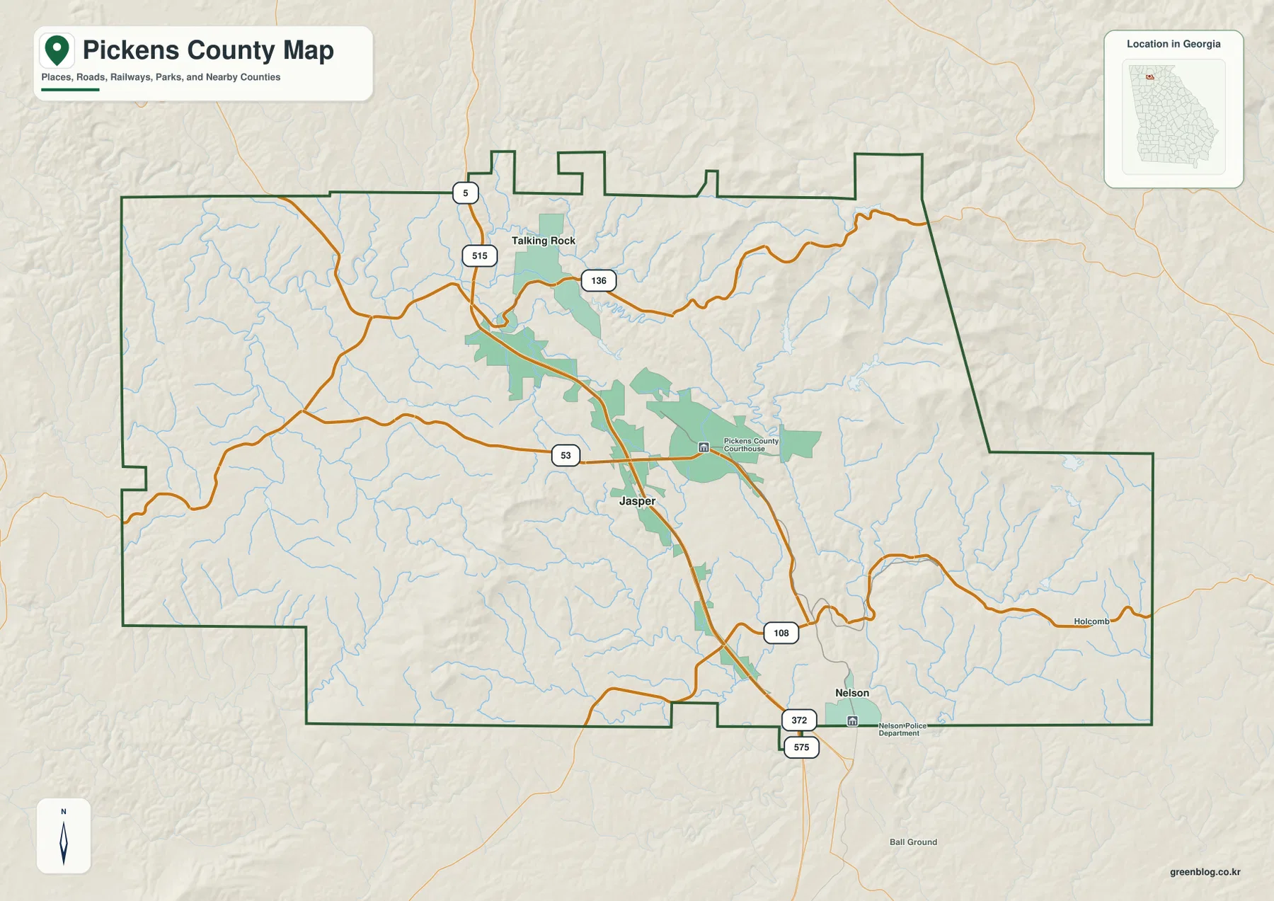 Pickens County Georgia map showing Jasper, Talking Rock, Nelson, the county boundary, and major numbered roads