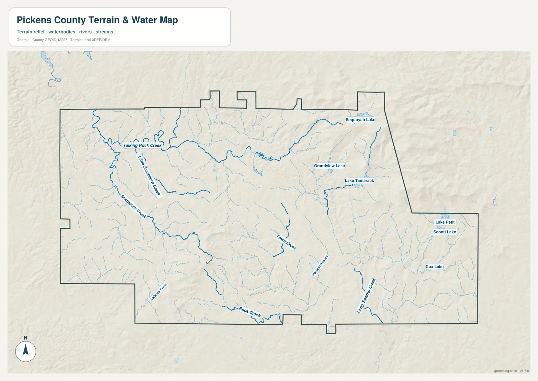 Pickens County terrain and water map showing Talking Rock Creek, Scarecorn Creek, Long Swamp Creek, and named lakes