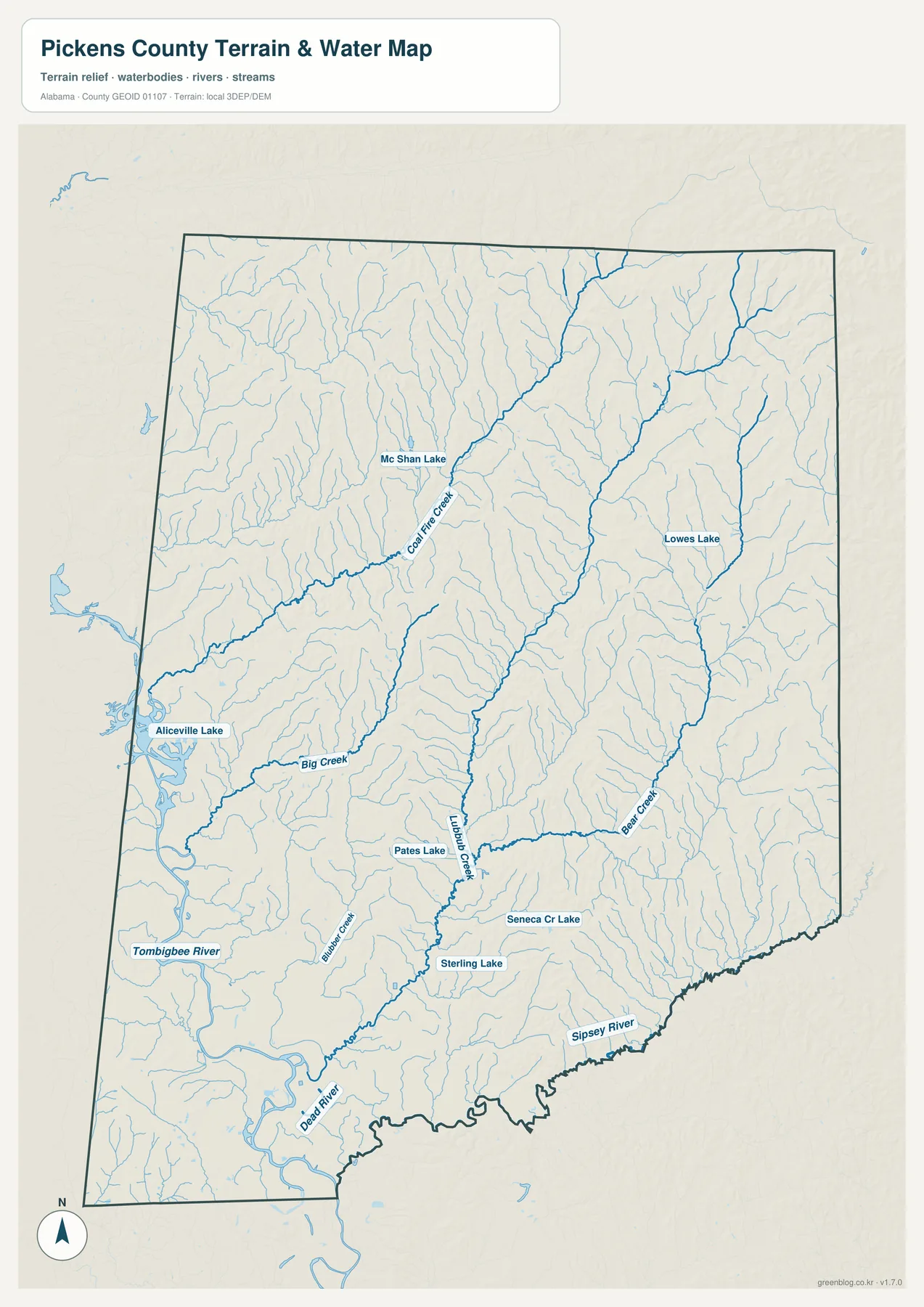 Pickens County의 Tombigbee River, Aliceville Lake, Sipsey River, Big Creek, Lubbub Creek 등 수역을 표시한 지도