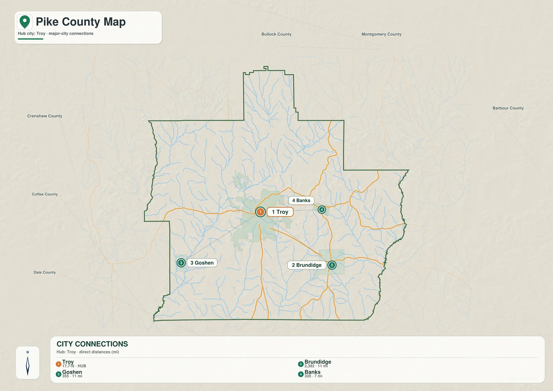 Pike County 도시 연결 지도에서 Troy를 중심으로 Brundidge, Goshen, Banks와 직선거리를 표시한 지도