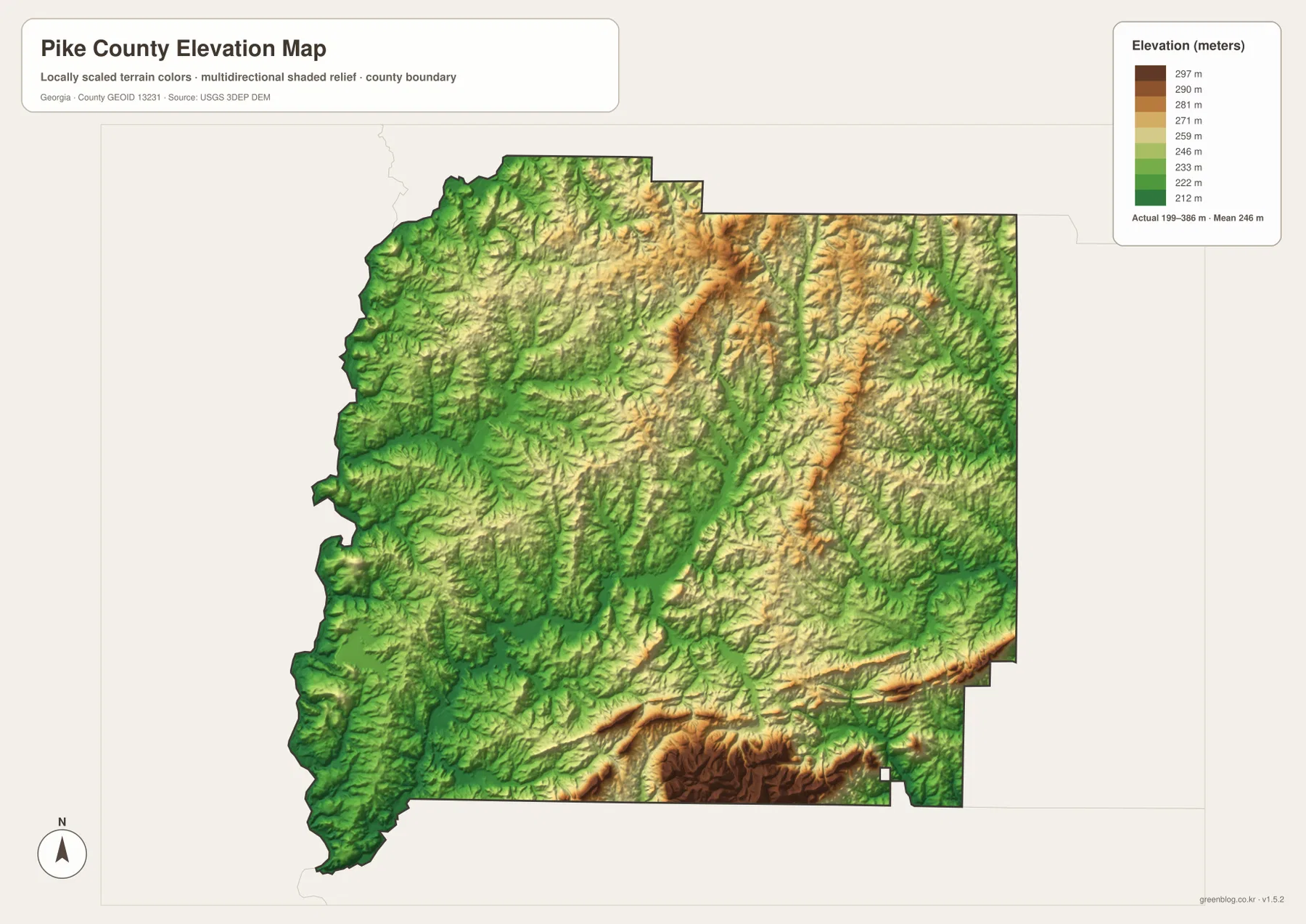 Pike County elevation map showing an actual range of about 199 to 386 meters and higher ridges in the south-central area