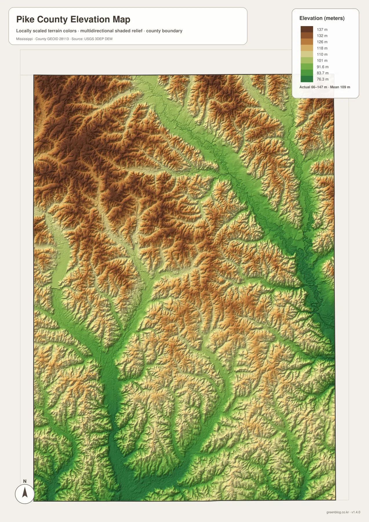 Pike County Mississippi elevation map showing terrain between about 66 and 147 meters