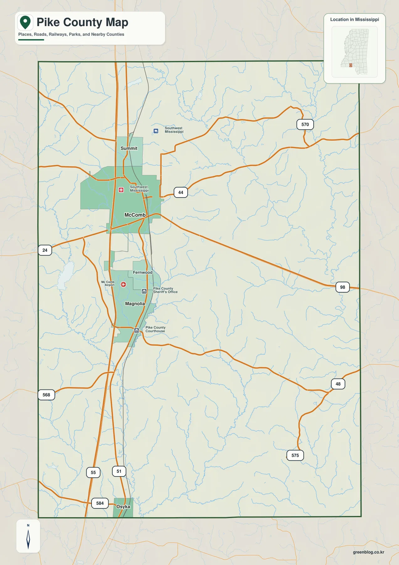 Pike County Mississippi map showing McComb, Magnolia, Summit, Osyka, major roads, streams, and nearby counties
