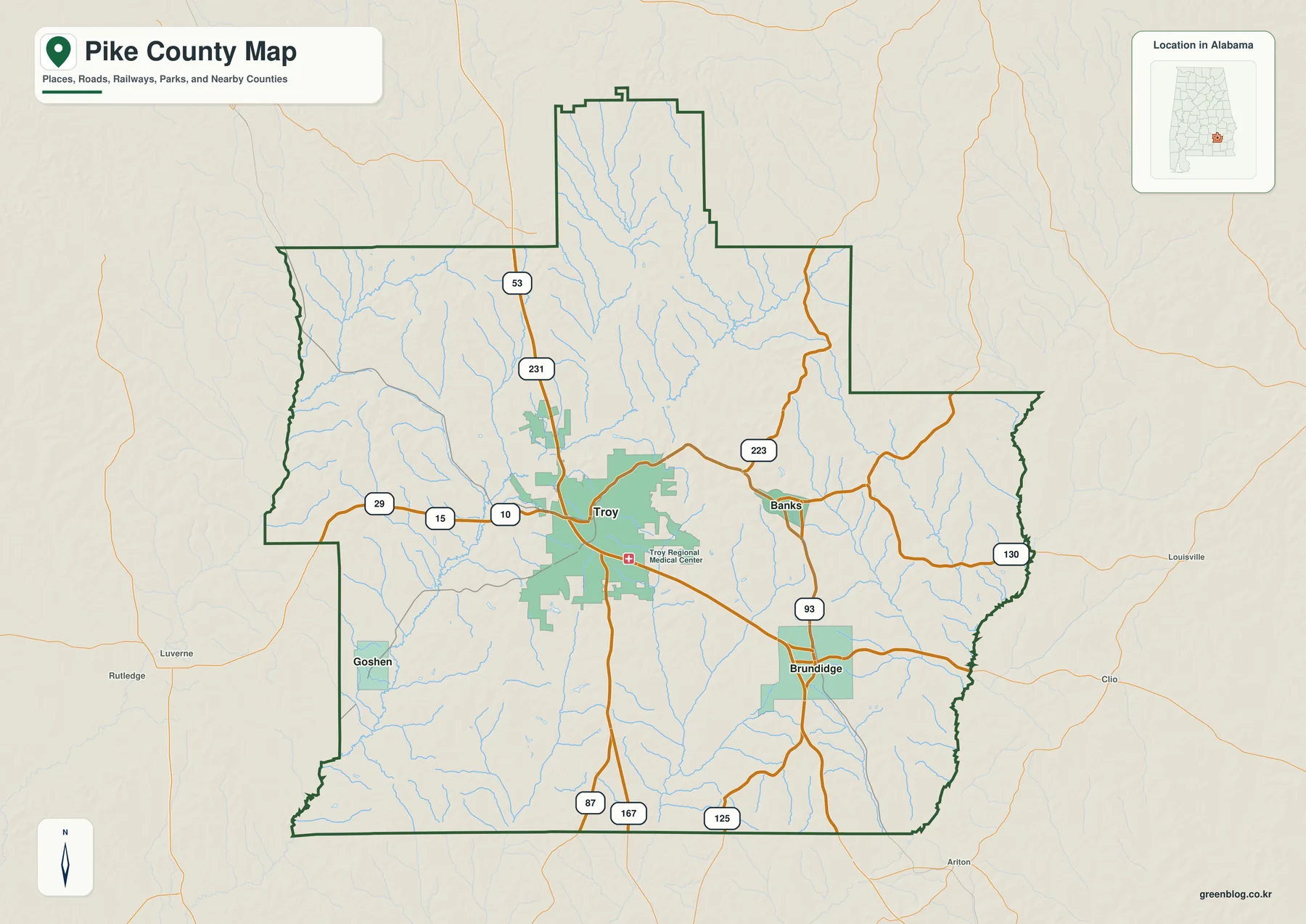 앨라배마 Pike County 경계와 Troy, Brundidge, Goshen, Banks, U.S. 231과 U.S. 29를 표시한 지도