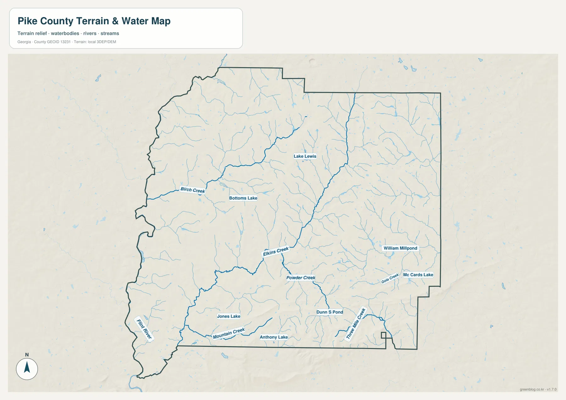 Pike County terrain and water map showing the Flint River, Birch Creek, Elkins Creek, Powder Creek, Mountain Creek, ponds, and small lakes