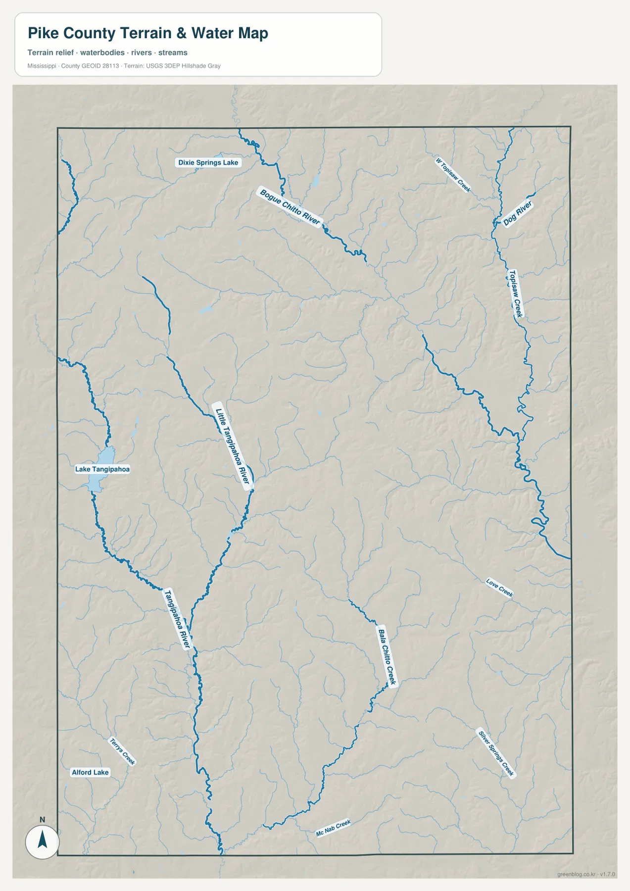 Pike County terrain and water map showing Tangipahoa River, Bogue Chitto River, Dog River, Topisaw Creek, and lakes