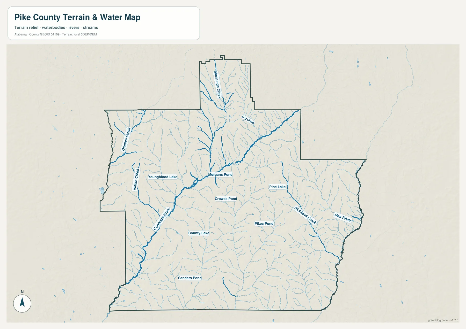 Pike County의 Conecuh River, Pea River, Manning Creek, Log Creek, Indian Creek, Richland Creek과 여러 호수·연못을 표시한 수역 지도
